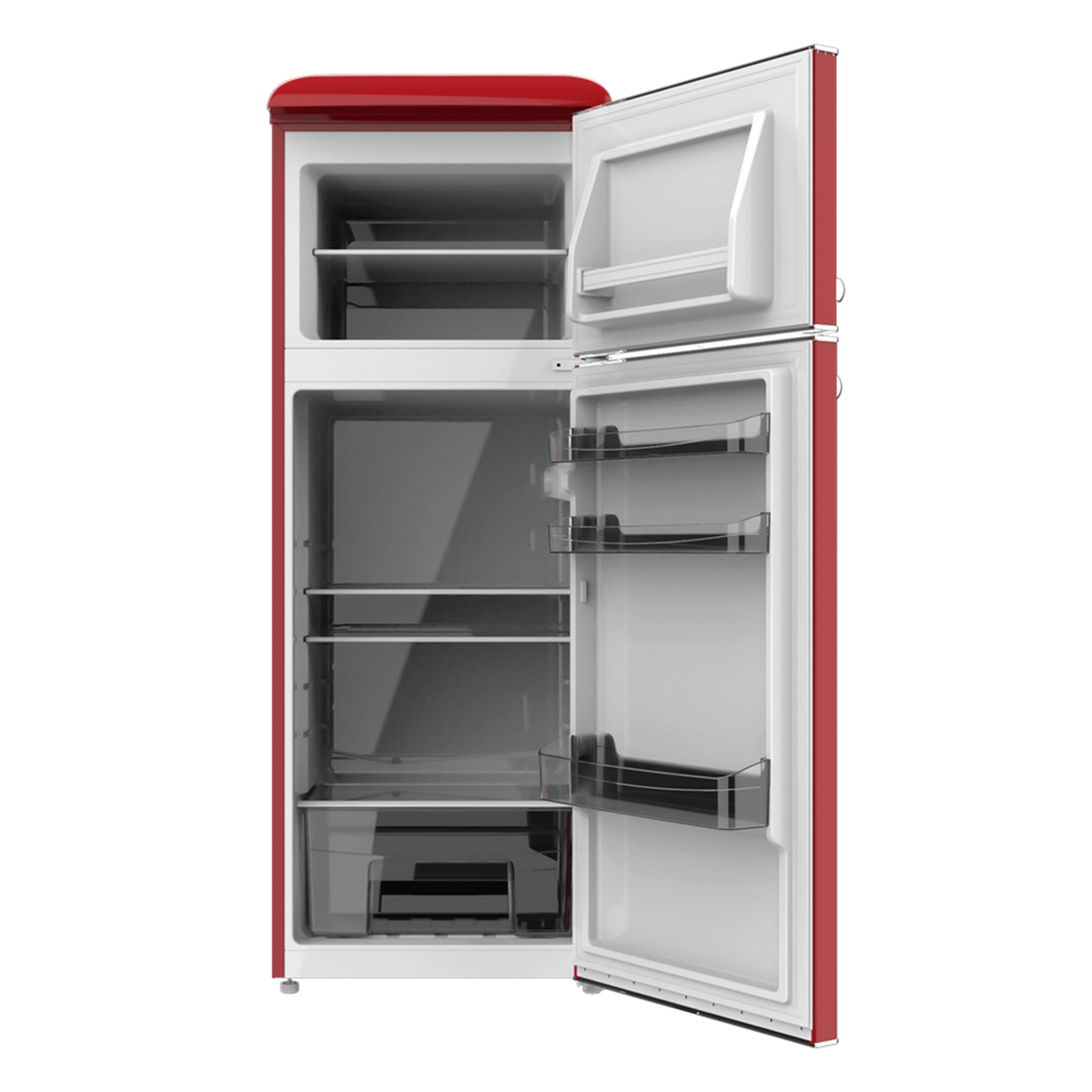 Czerwono-biała lodówka w stylu retro z otwartymi drzwiami, pokazująca wnętrze.