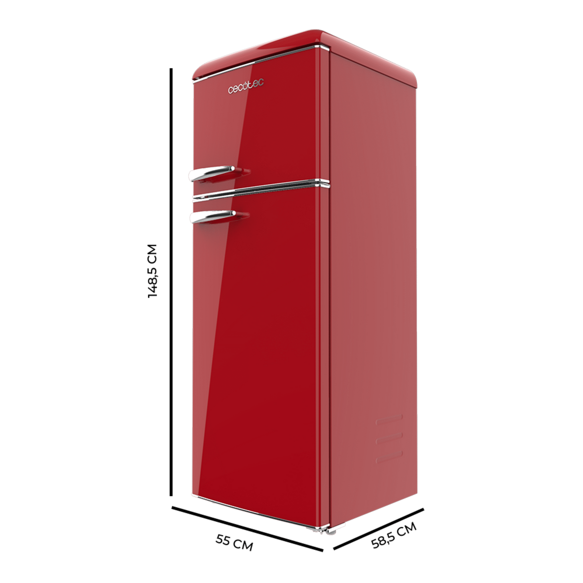 Czerwona lodówka retro z chromowanymi uchwytami. Ma błyszczącą powierzchnię i stoi na czarnym tle.