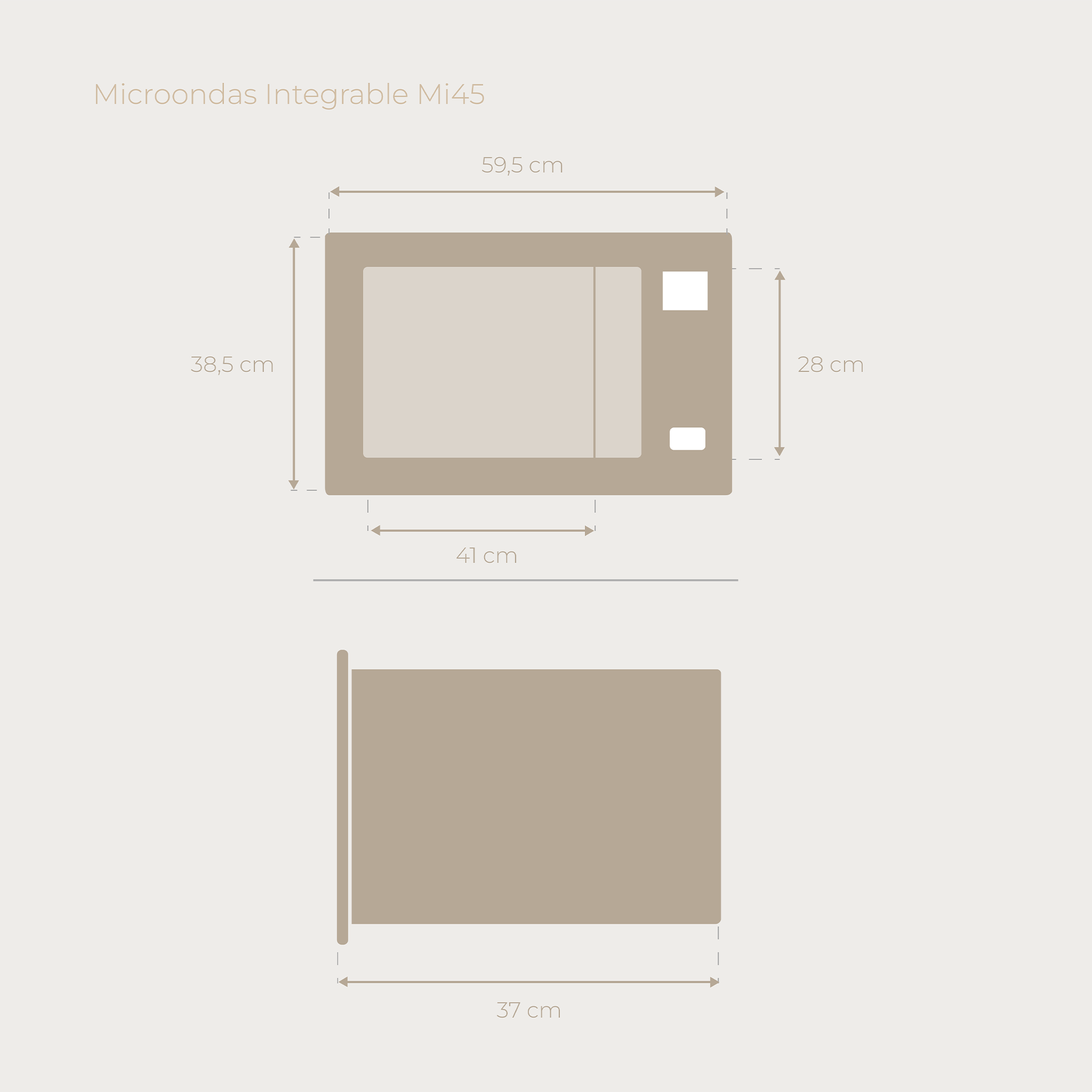 Diagrama de un microondas empotrado con medidas. Debajo, la vista lateral del microondas.