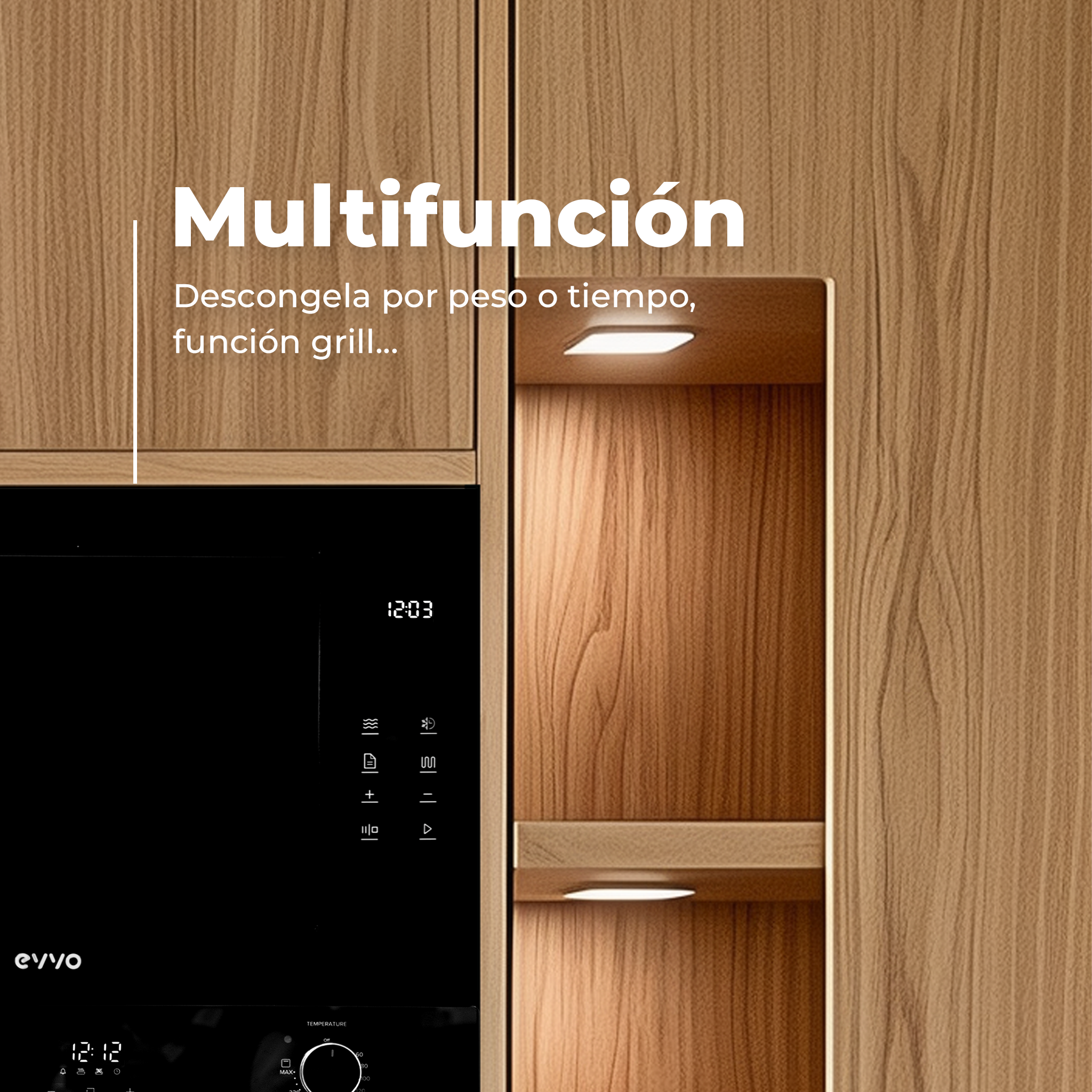 Gabinete de cocina con microondas, texto 'Multifunción' y estante iluminado.