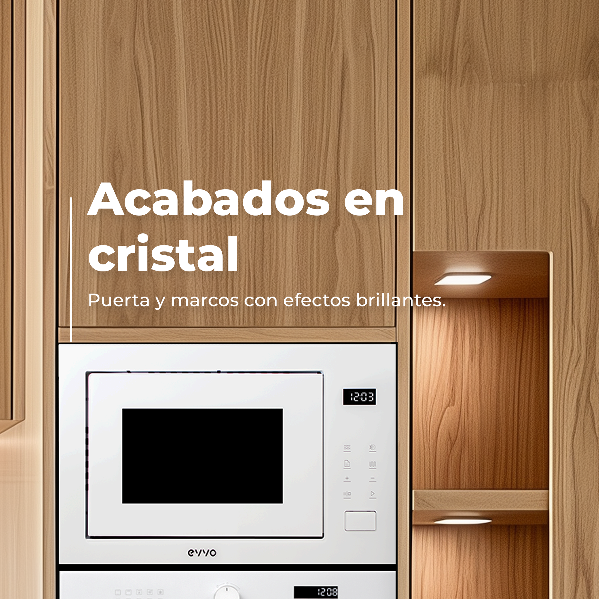 Un horno microondas blanco está integrado en gabinetes de madera. El texto dice, "Acabados en cristal".