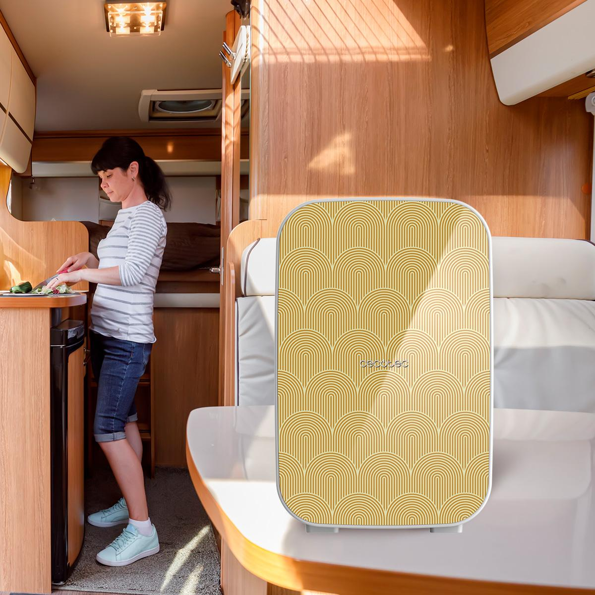 Una donna taglia verdure in un camper. Un frigorifero con un motivo giallo è sulla destra.