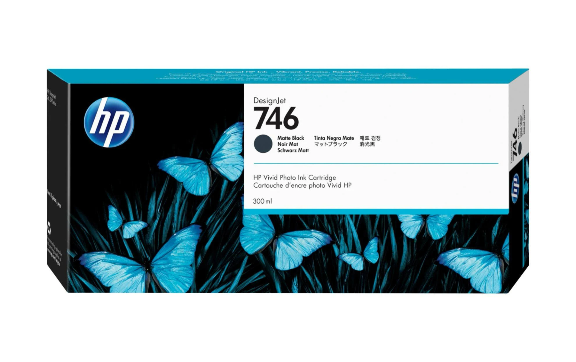 HP ink cartridge box featuring blue butterflies over green grass, with text and branding.