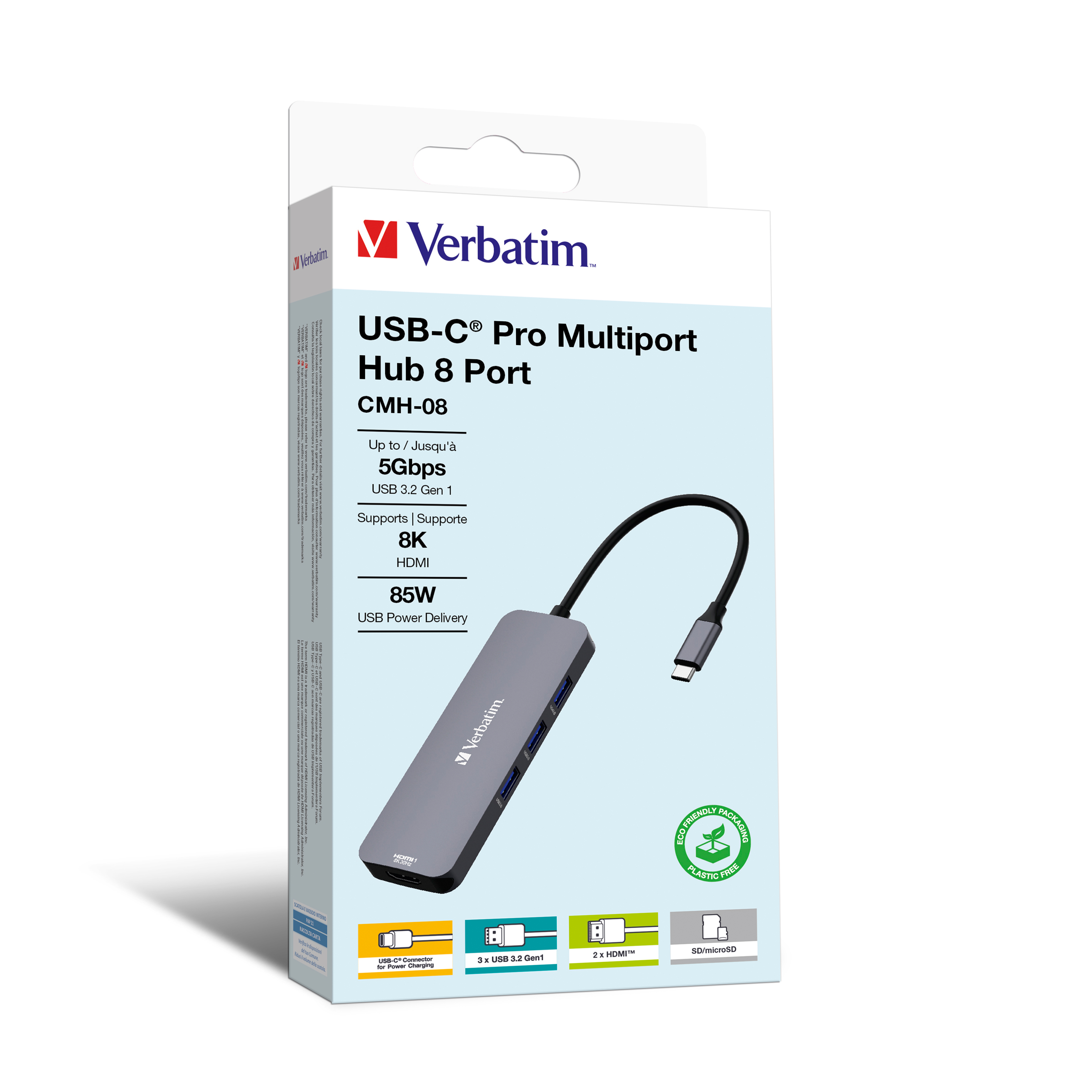 Un hub multiport Verbatim USB-C Pro nella sua confezione. Mostra porte e funzionalità.