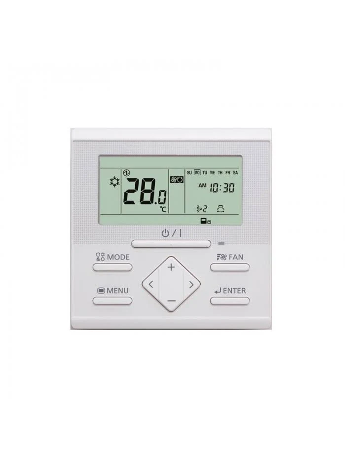 Termostato digital blanco con pantalla verde que muestra la temperatura y la hora.