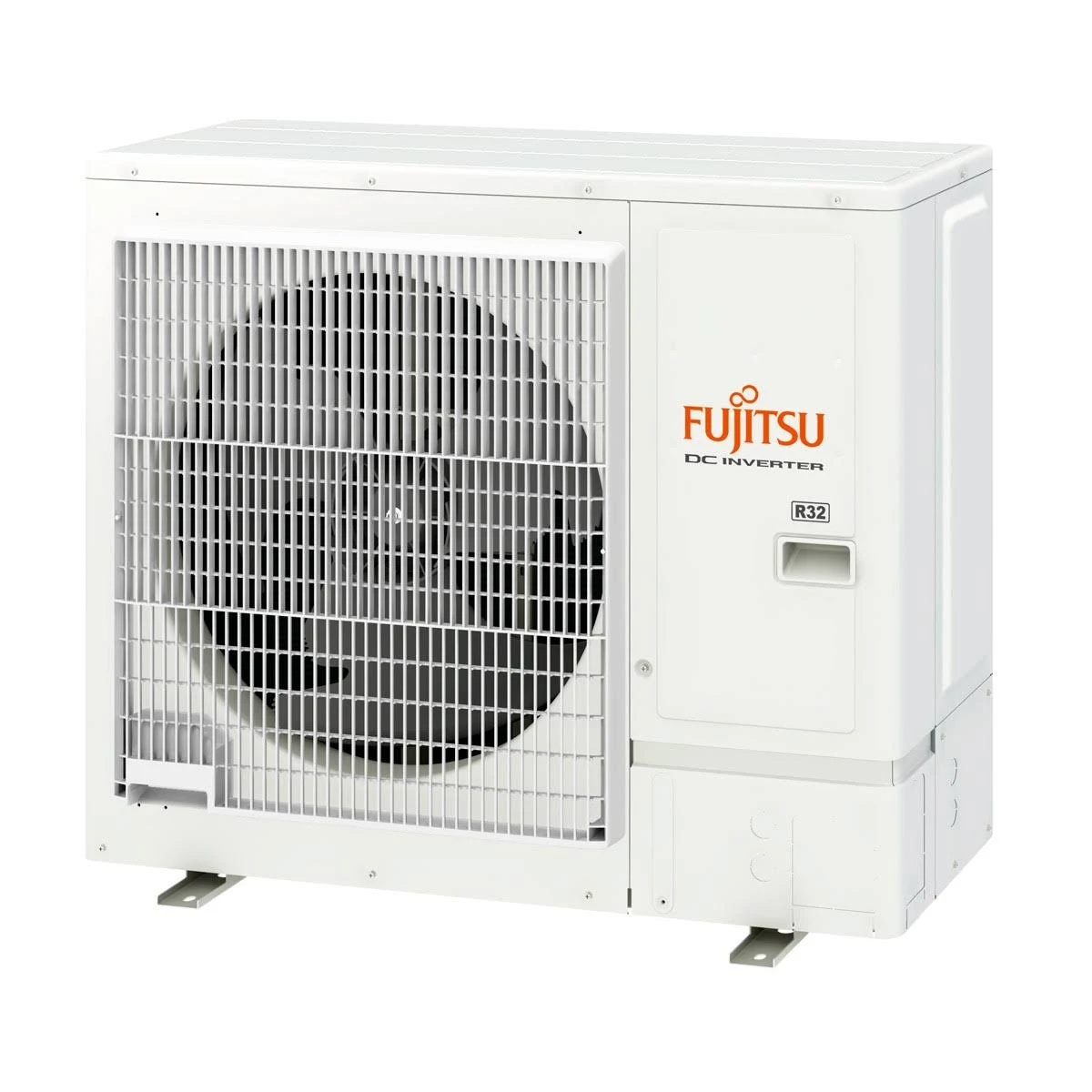 Unidad de aire acondicionado Fujitsu blanca con un ventilador detrás de una rejilla. Logotipo naranja de Fujitsu y etiqueta R32.