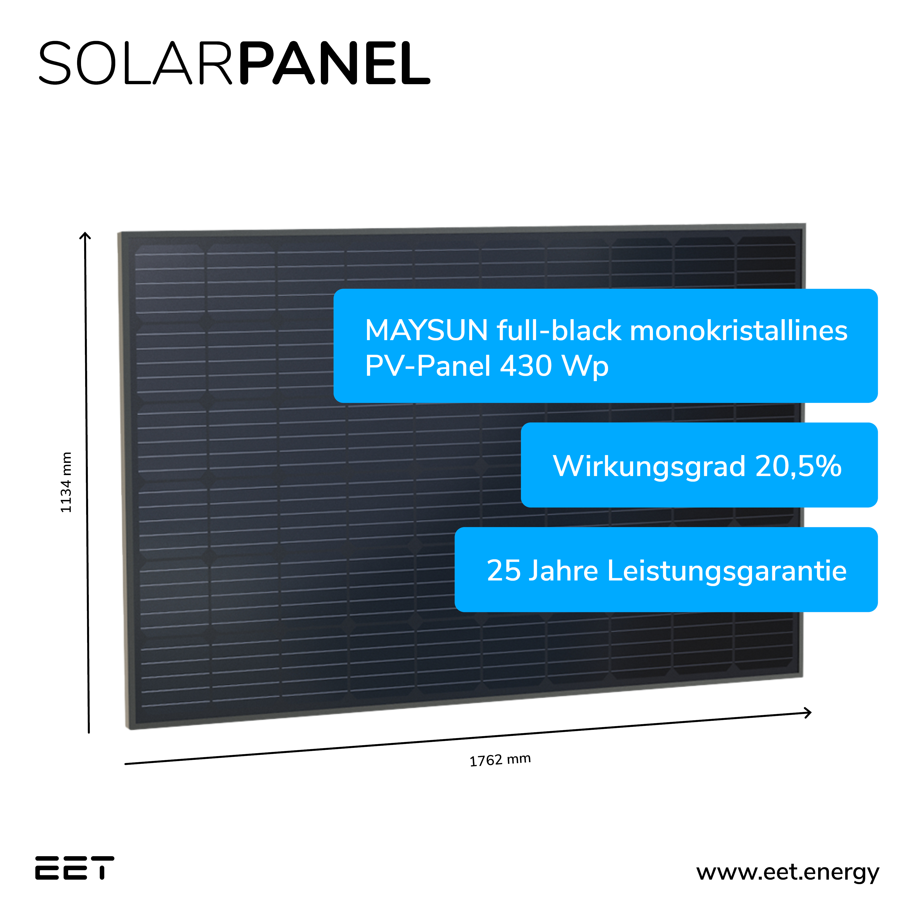 Ein schwarzes Solarpanel mit Abmessungen und eine blaue Box mit Text über die Funktionen und Garantie des Panels.