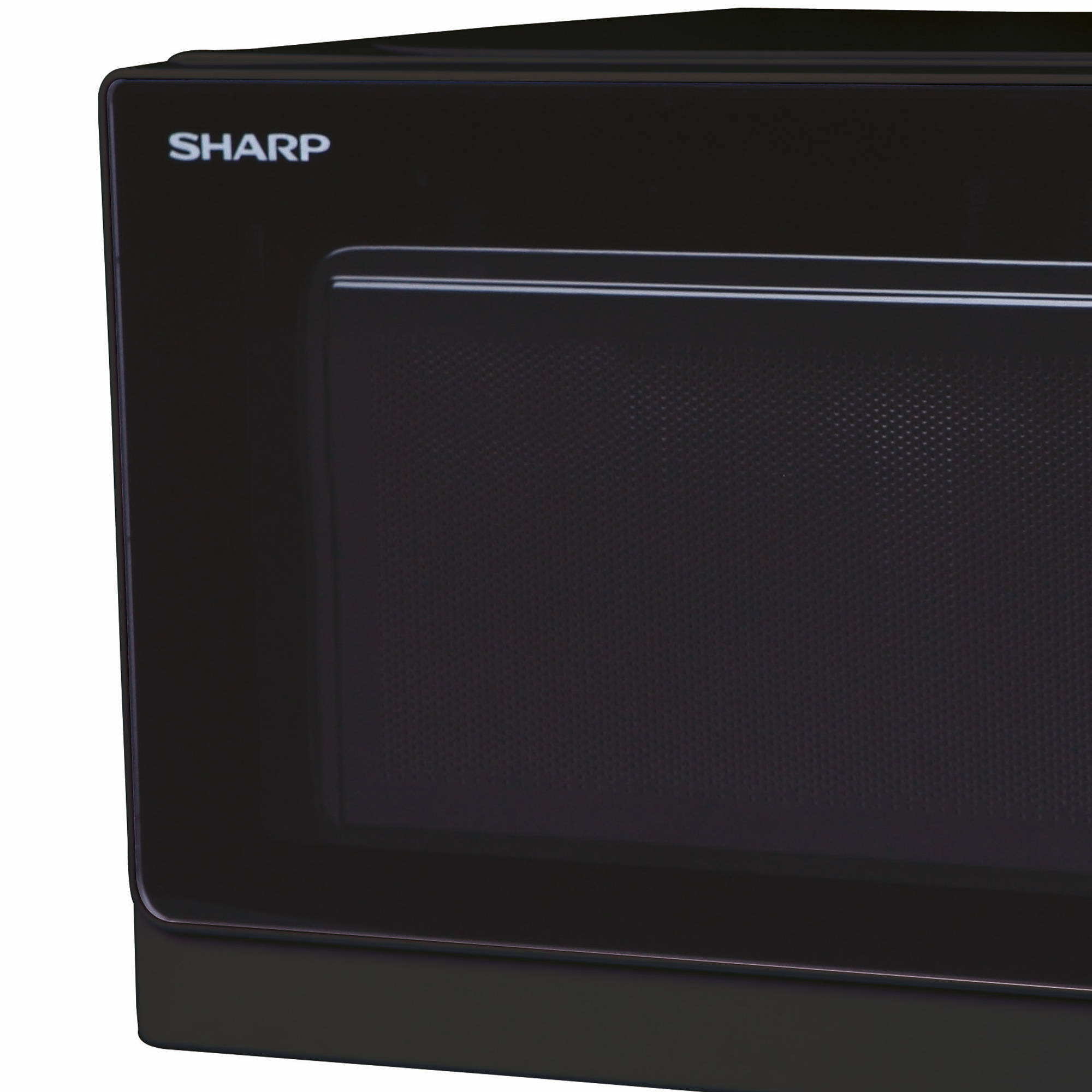 Czarna kuchenka mikrofalowa Sharp. Przód jest czarny. Logo w lewym górnym rogu.