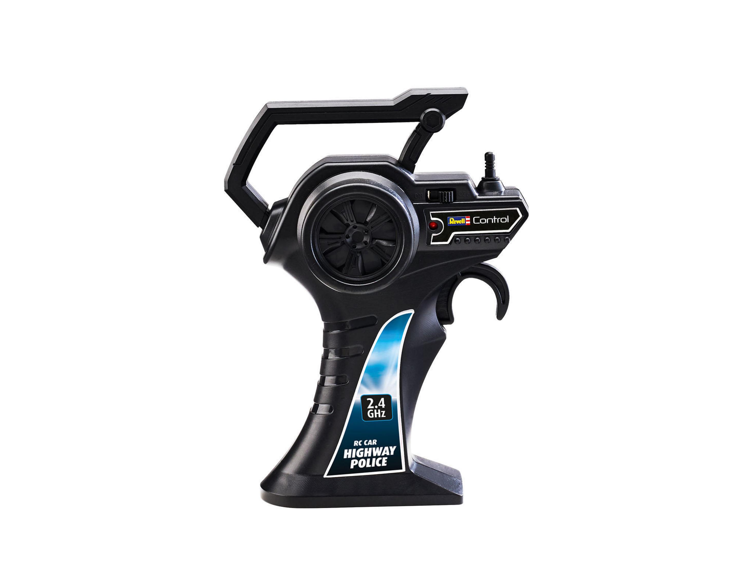 Schwarze Fernbedienung für ein RC-Car. Knöpfe, Joystick und 2,4 GHz-Label vorhanden.