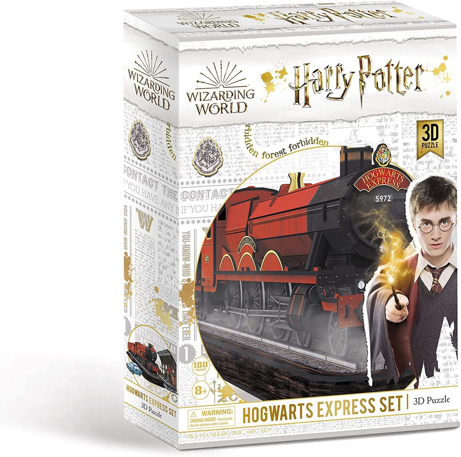 Scatola puzzle 3D di Harry Potter che mostra il treno Hogwarts Express. Sfondo bianco.