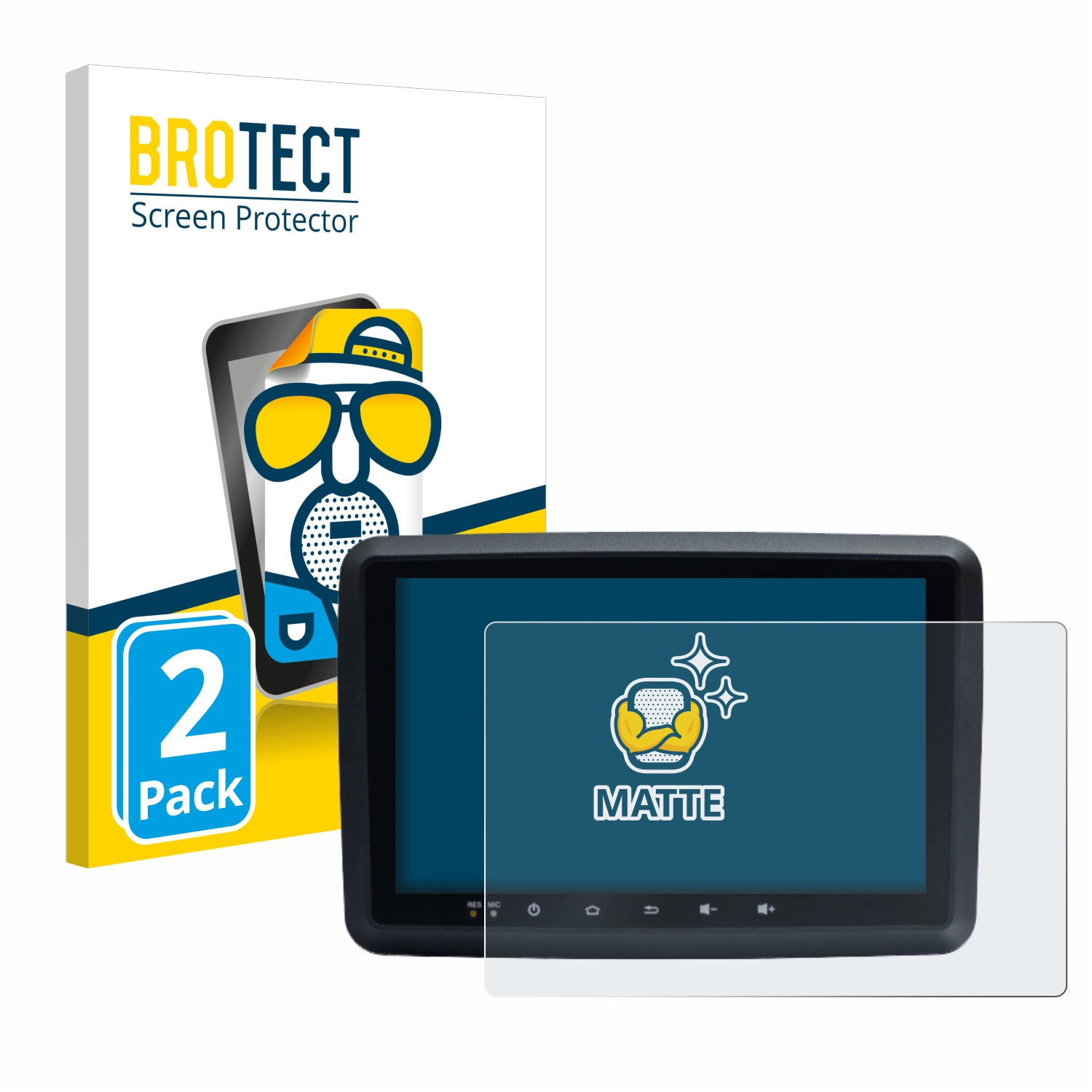 Ein schwarzes Tablet mit einer Displayschutzfolienbox. Die Box ist gelb und trägt die Aufschrift 'BROTECT' und 'Matte'.