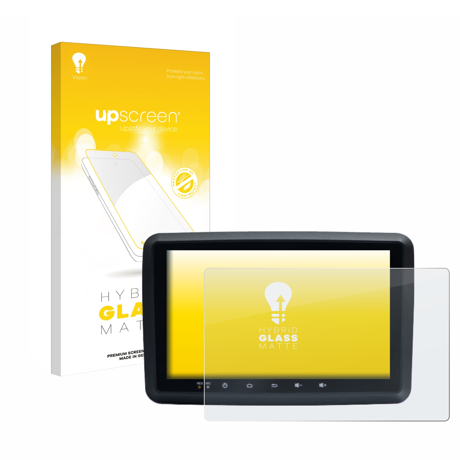 Tablet mit Displayschutz-Kit. Box mit Tablet-Bild und Text: upscreen. Displayschutz und Tablet.