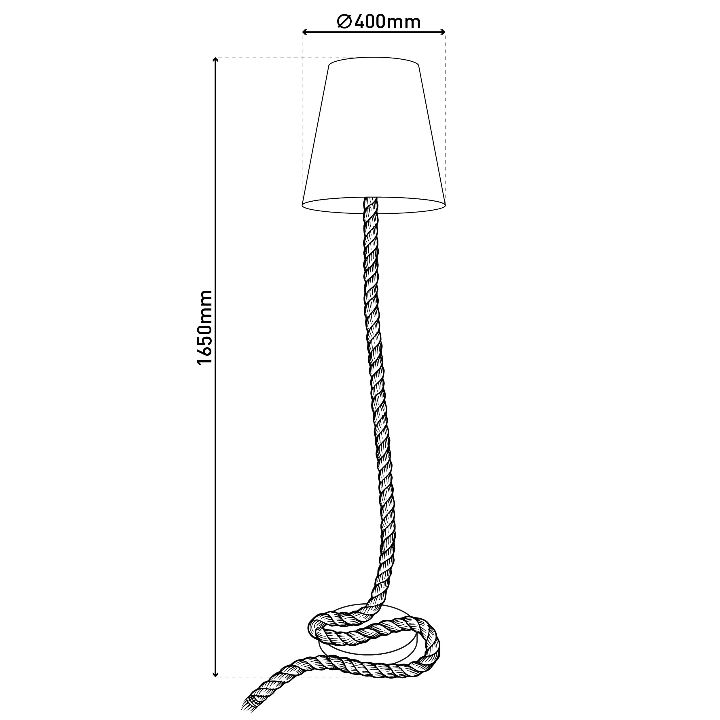 Strichzeichnung einer Stehlampe. Sie hat einen seilartigen Stiel und einen Lampenschirm. Abmessungen werden gezeigt.