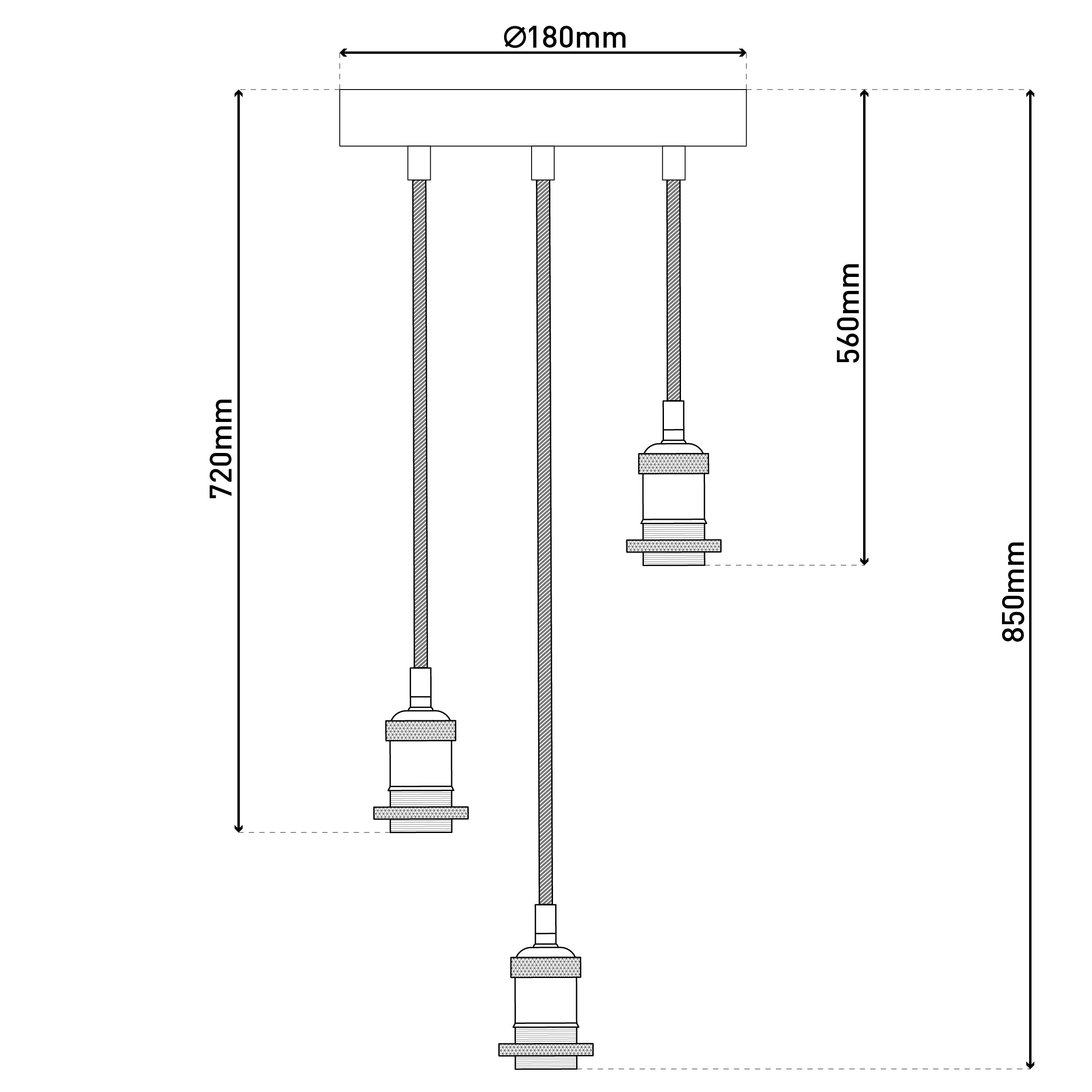 Diagramm einer Hängelampe mit drei Glühbirnen. Abmessungen für Gesamthöhe und -breite sind angegeben.