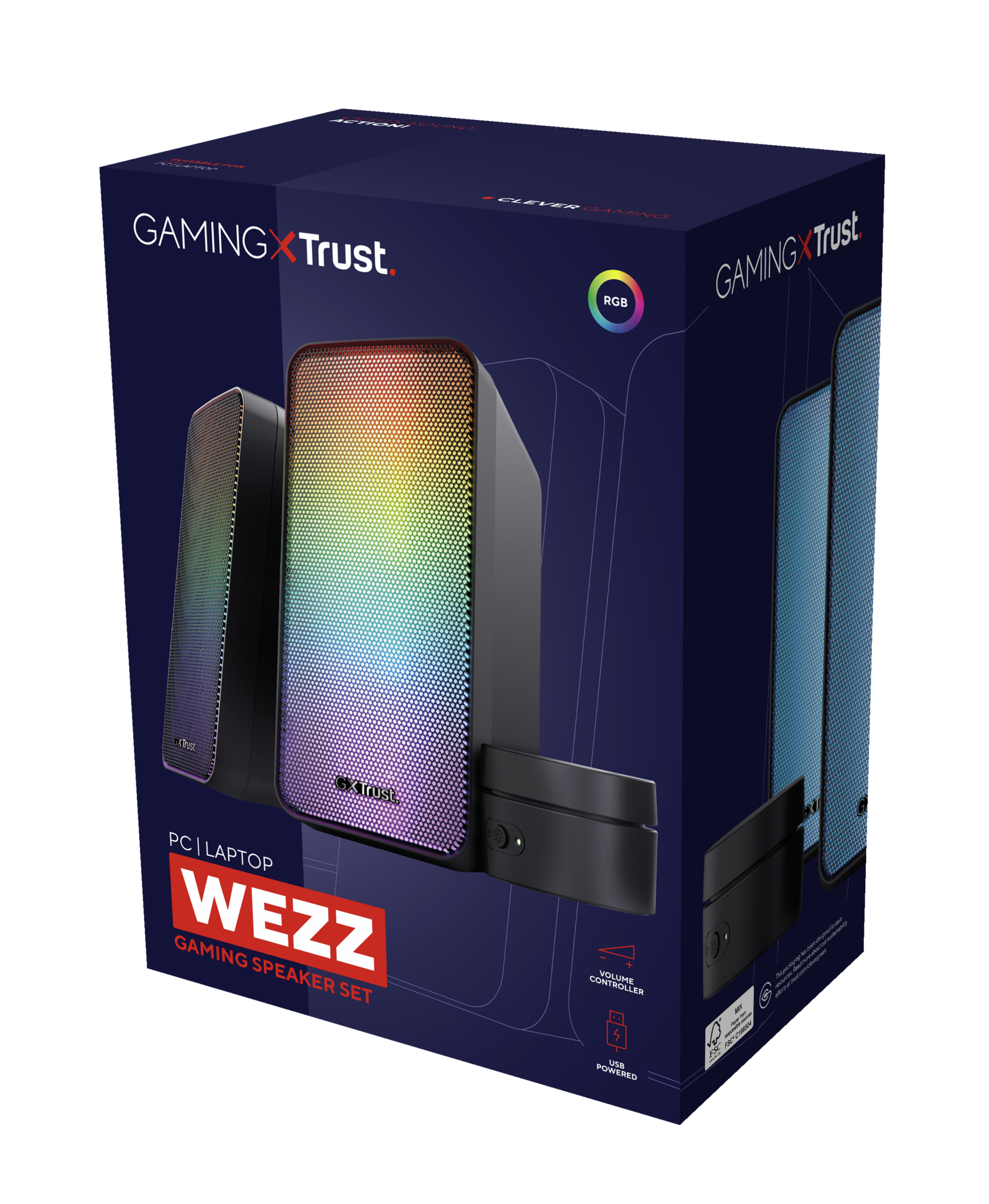 Zestaw głośników do gier w niebieskim pudełku, ze światłami RGB i regulatorem głośności.