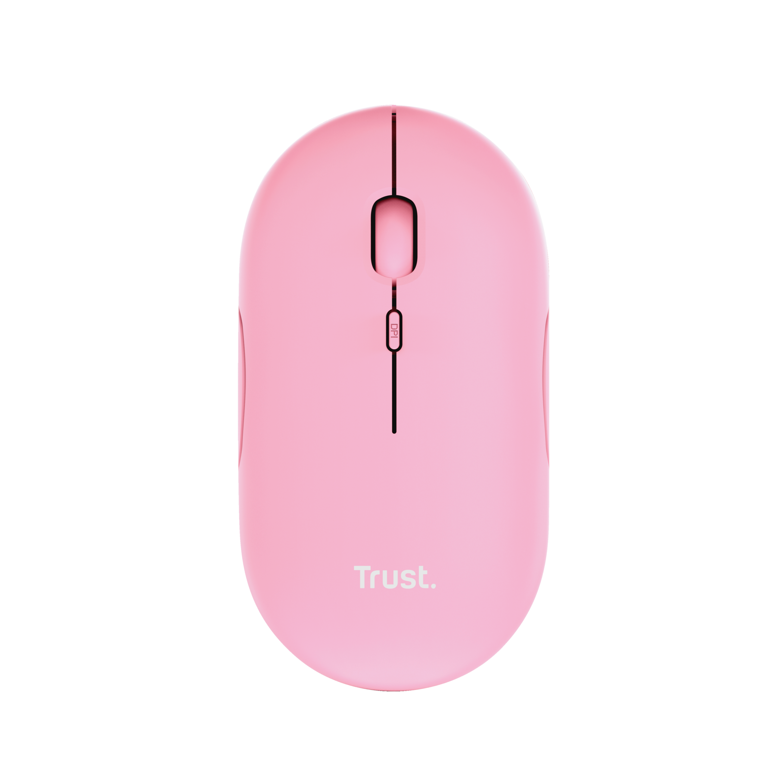 Roze computermuis. Hij heeft een scrollwiel en een DPI-knop. De merknaam staat op de muis.