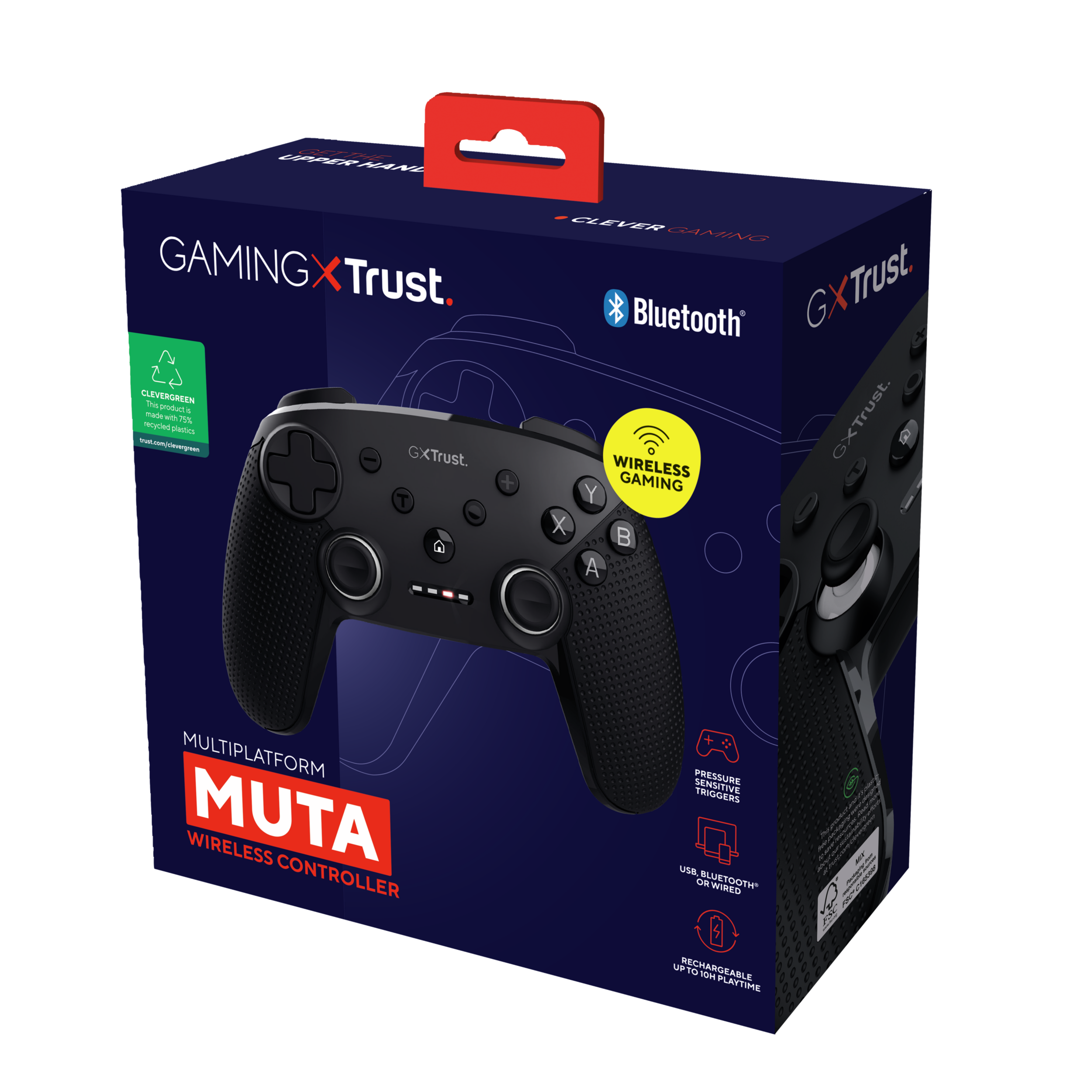 Verpackter Gaming-Controller. Die Box ist blau und schwarz mit dem Controller. Sie sagt 'Wireless Controller'.
