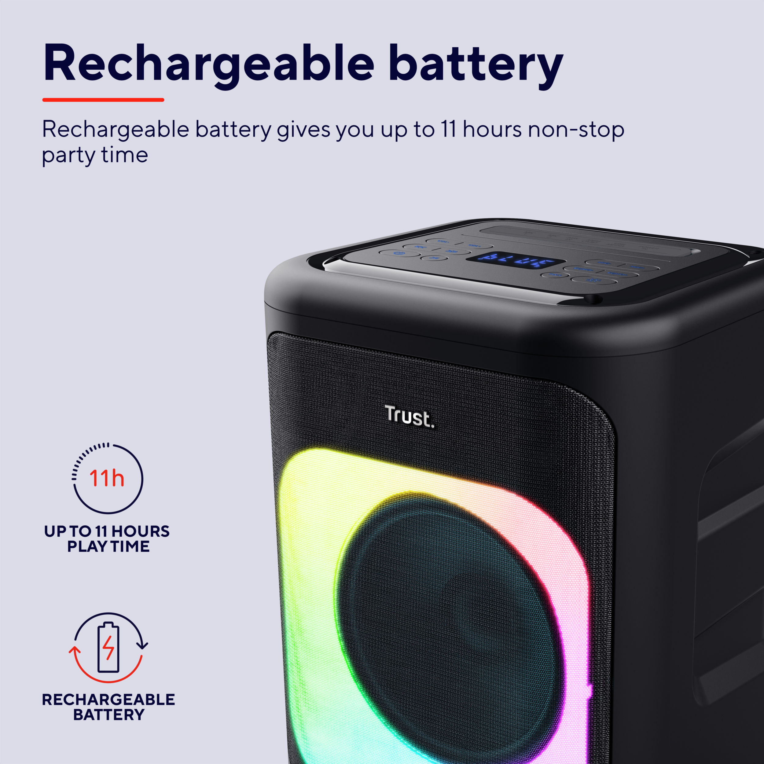 Czarny głośnik z kolorowymi światłami i tekstem o żywotności baterii.