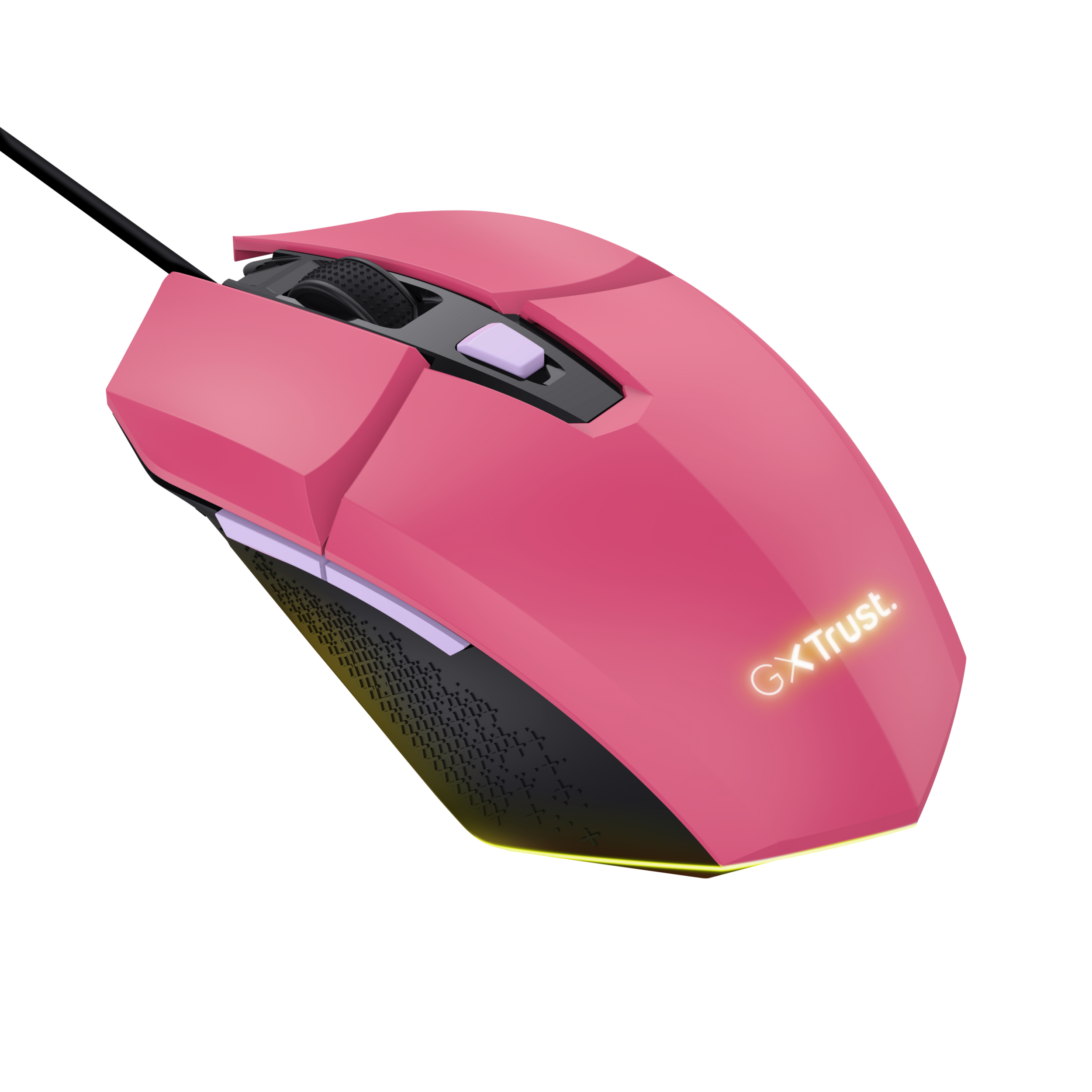 Różowa mysz do gier, ergonomiczny design, z czarnym kablem.