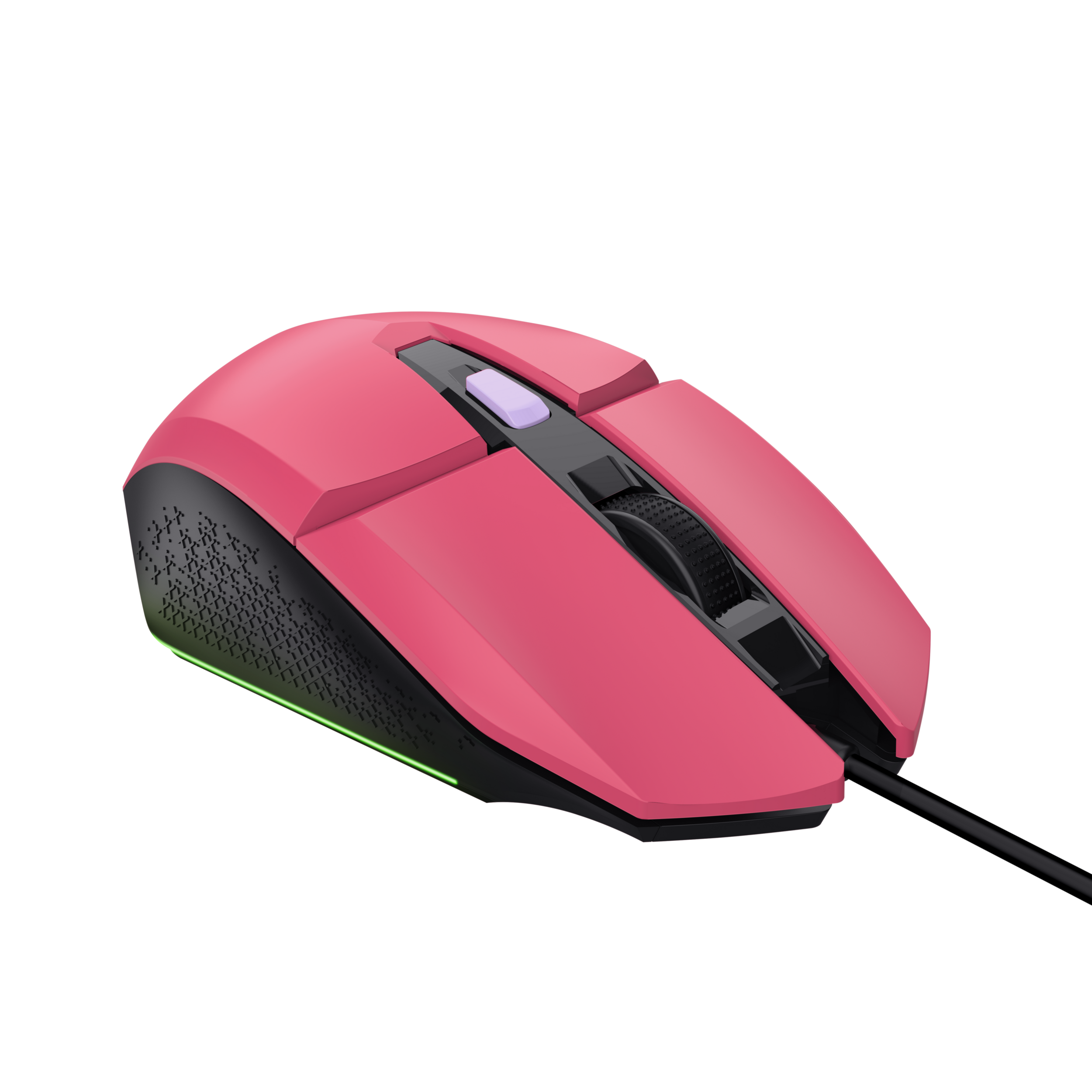 Różowa mysz gamingowa na czarnym tle, widok pod kątem. Czarne akcenty, kółko przewijania. Ciemne tło.