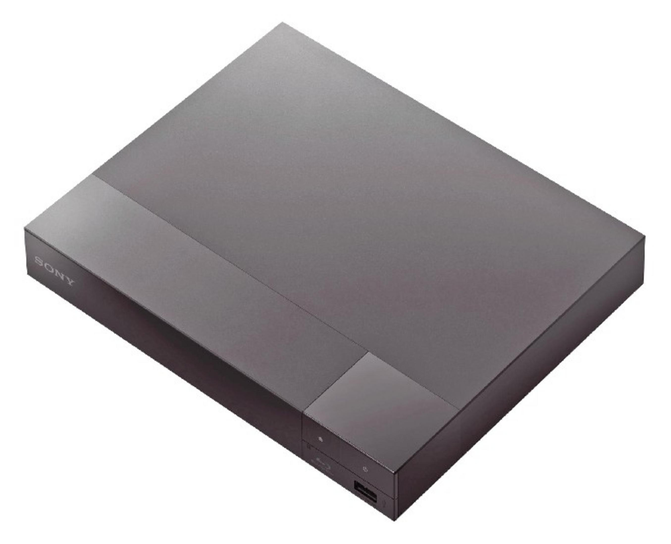 Lettore Blu-ray grigio su sfondo bianco. Ha un design elegante e rettangolare.
