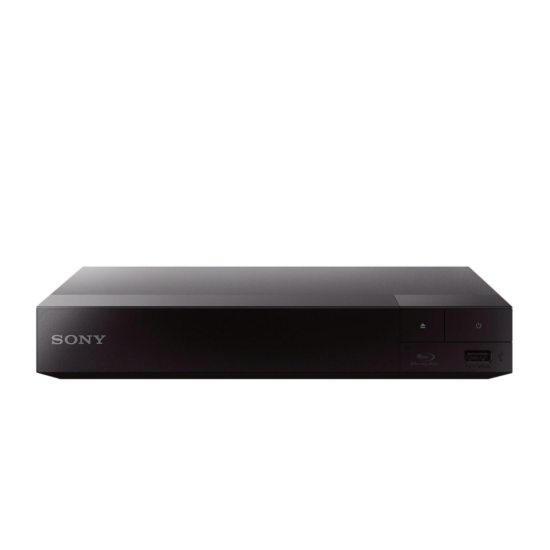 Lettore Blu-ray Sony nero. Design semplice con pulsanti di accensione ed espulsione, porta USB frontale.