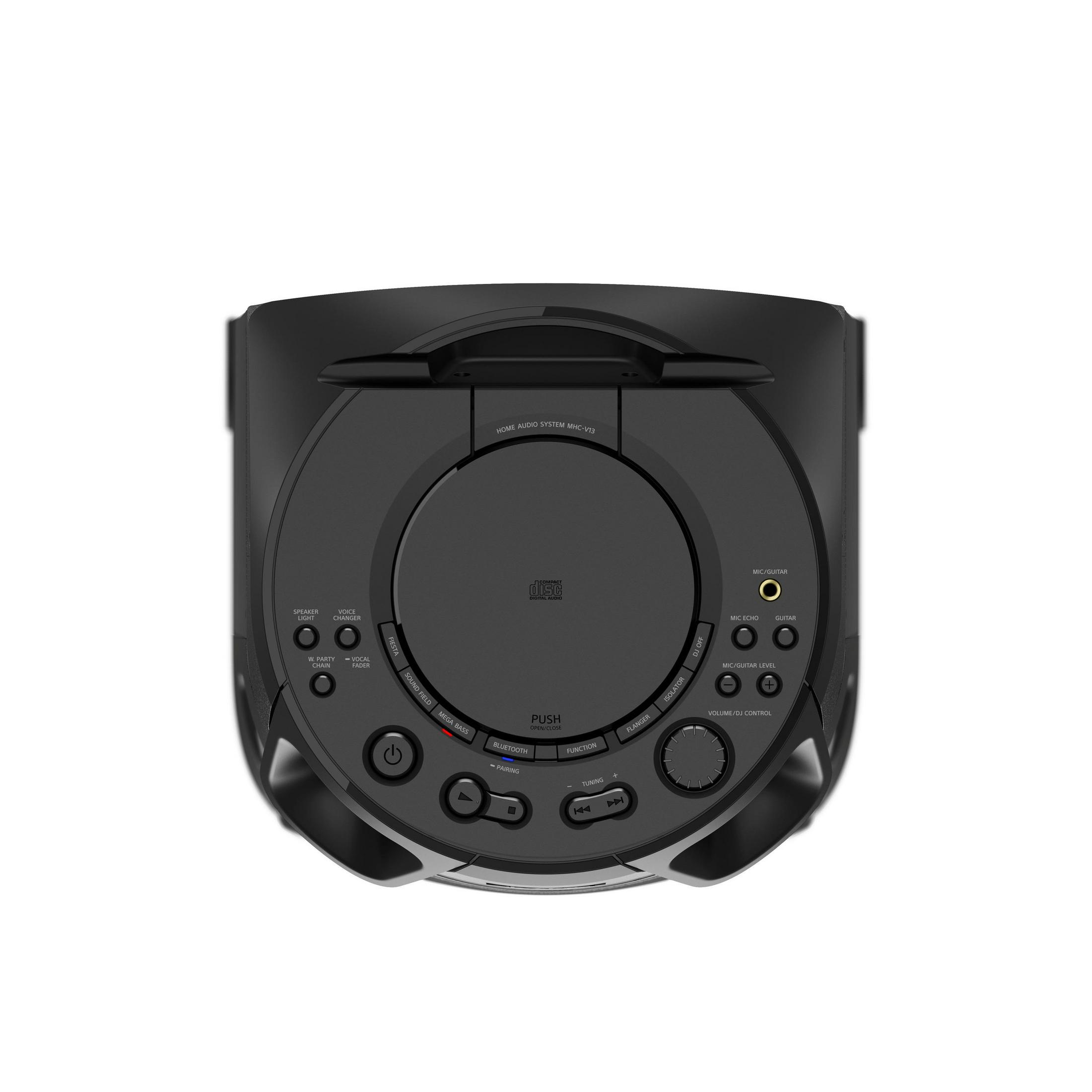 Sistema de audio doméstico negro con reproductor de CD, botones y control de volumen.
