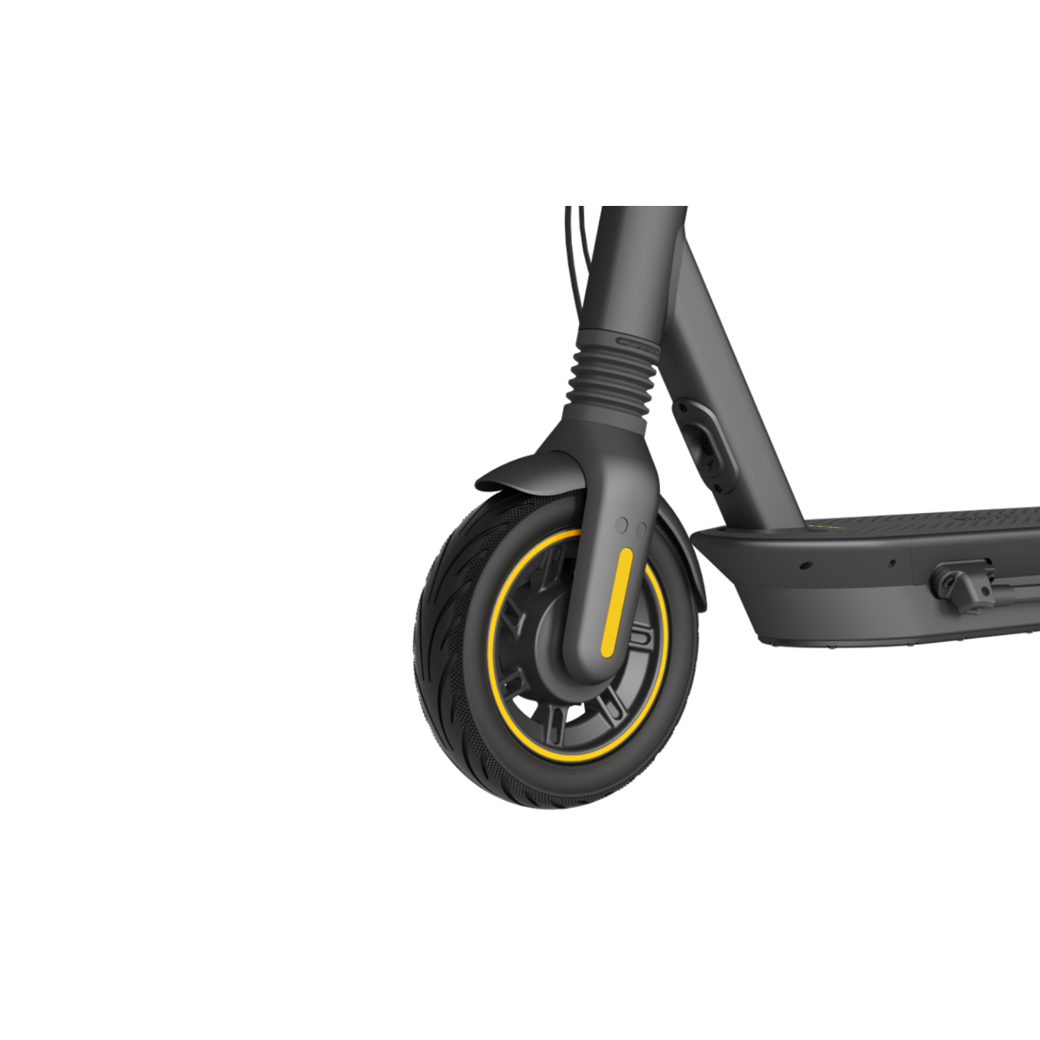Rueda negra de patinete eléctrico con llanta y neumático amarillos.