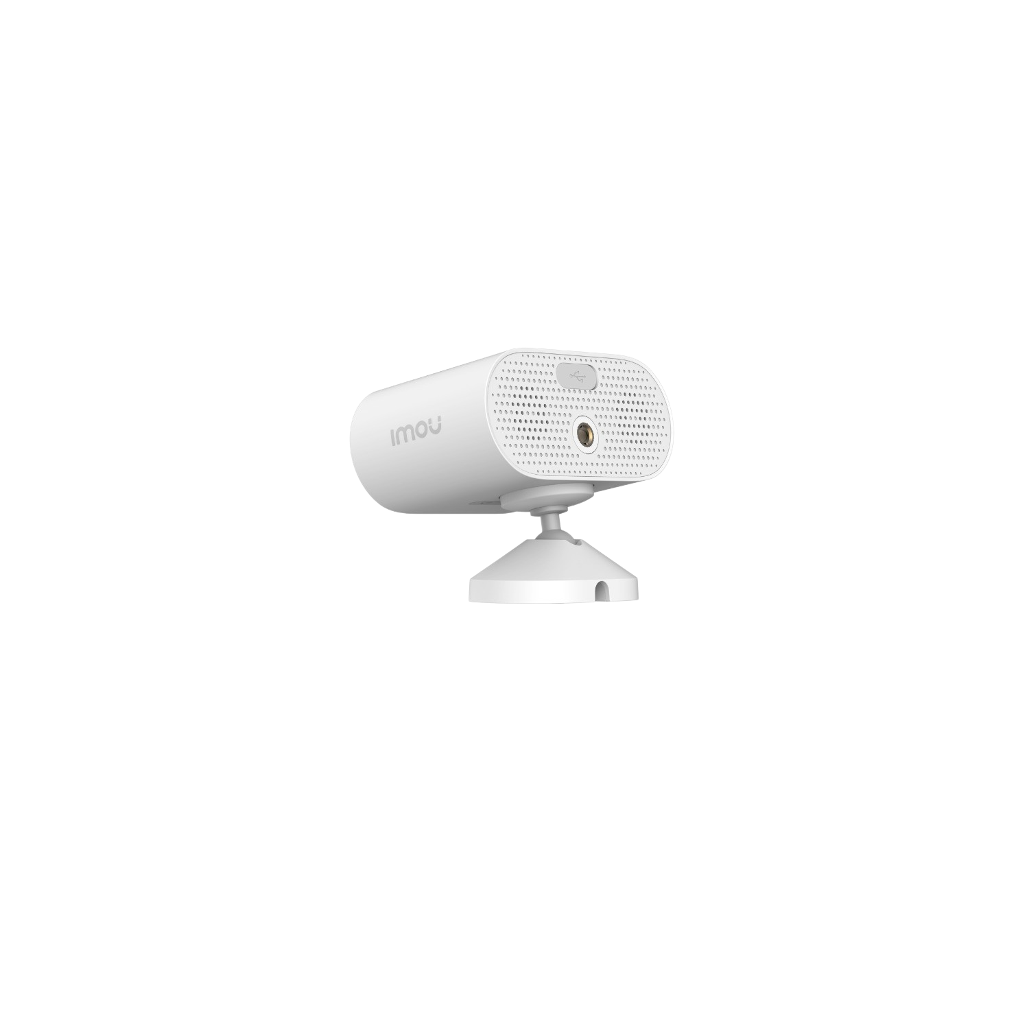 Biała cylindryczna kamera bezpieczeństwa na stojaku, czarne tło. Widoczne logo imou.