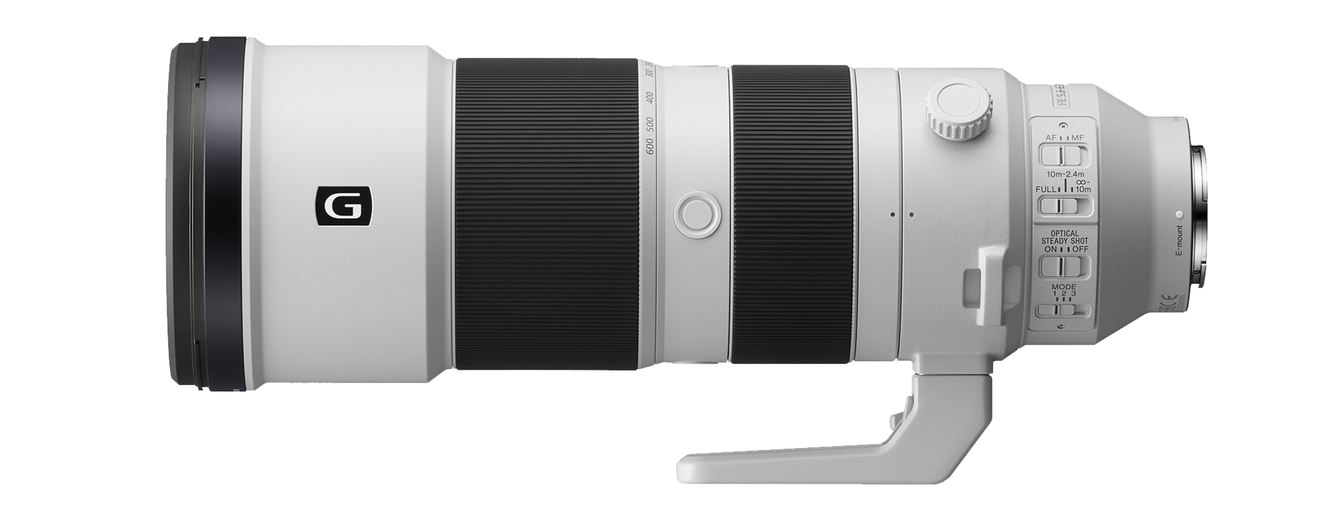 Una lente Sony blanca con detalles en negro y plata, y el logotipo G.