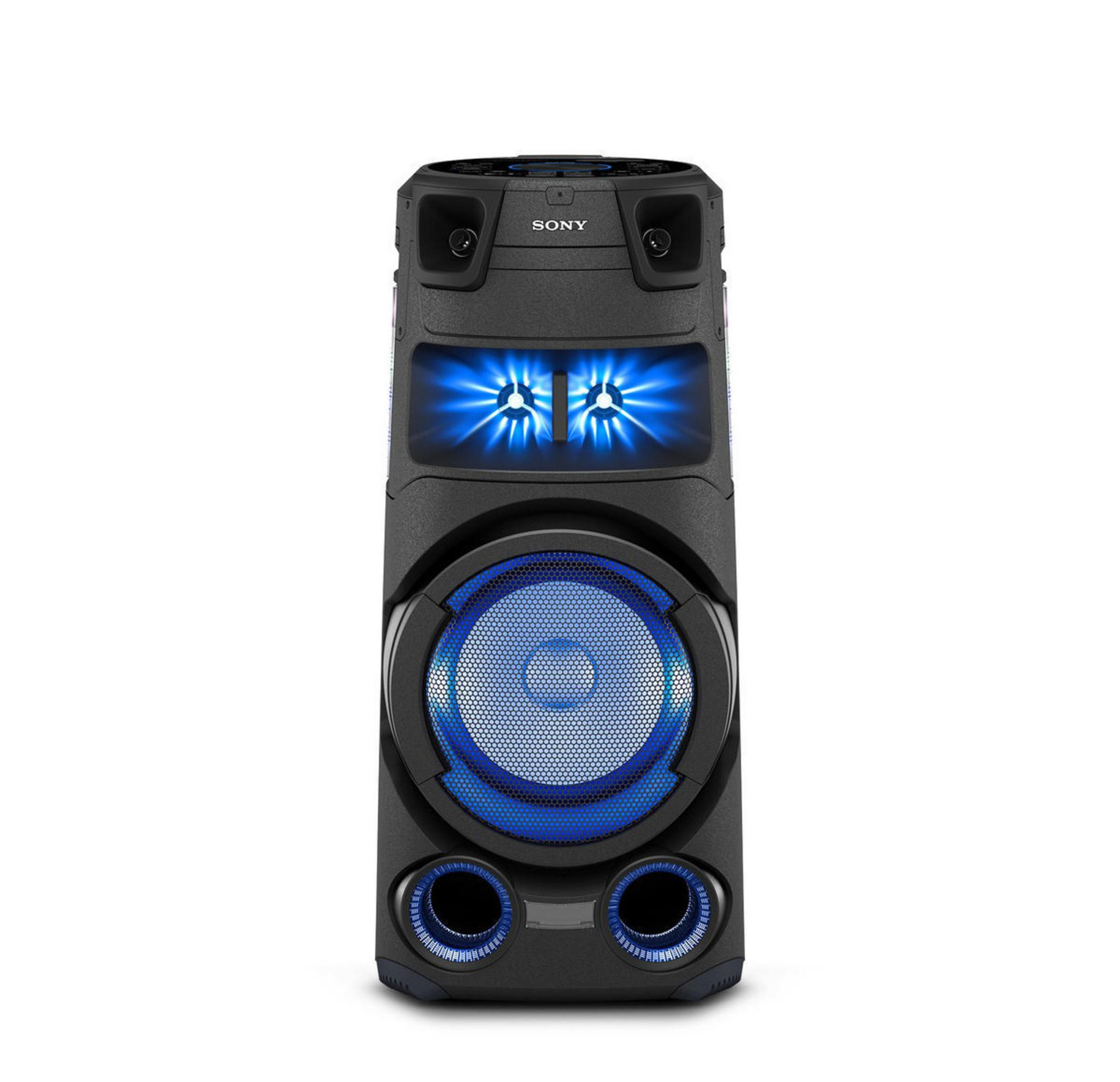 Ein schwarzer Lautsprecher mit blauen Lichtern und dem Sony-Logo.