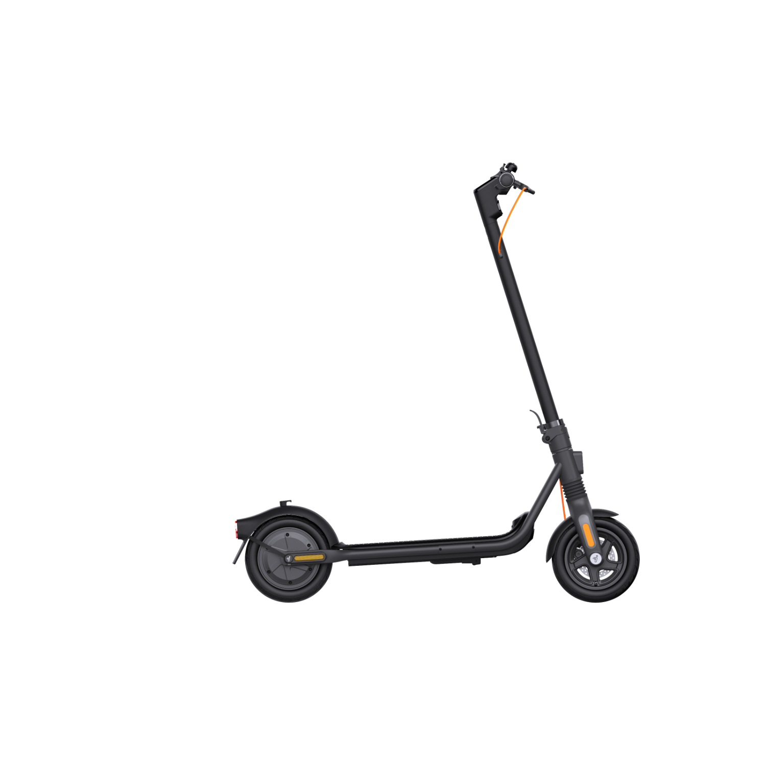 Ein schwarzer Elektroroller mit orangen Akzenten vor schwarzem Hintergrund. Der Roller ist schräg gestellt.