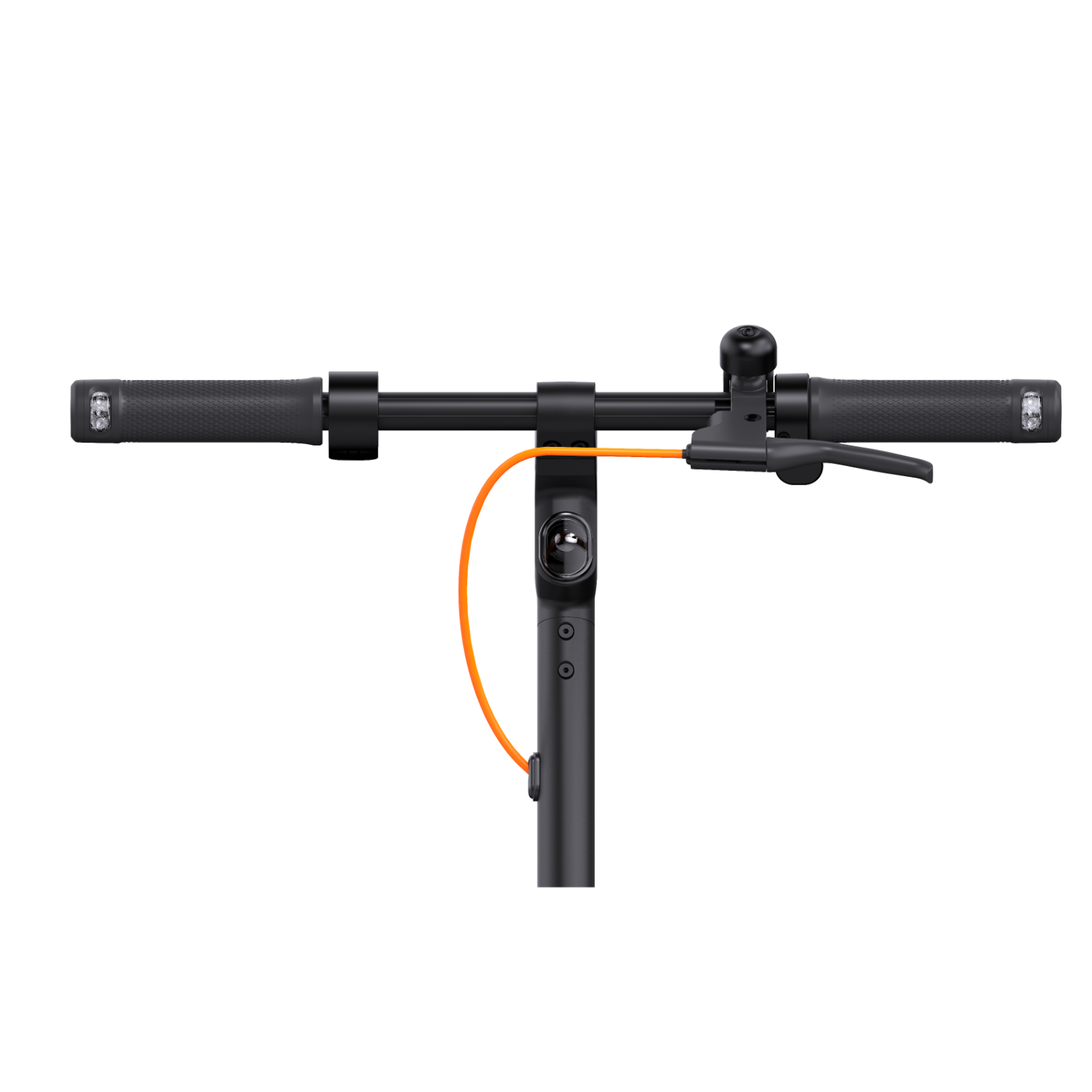 Lenker eines schwarzen Elektrorollers mit orangefarbenem Kabel, auf schwarzem Hintergrund.