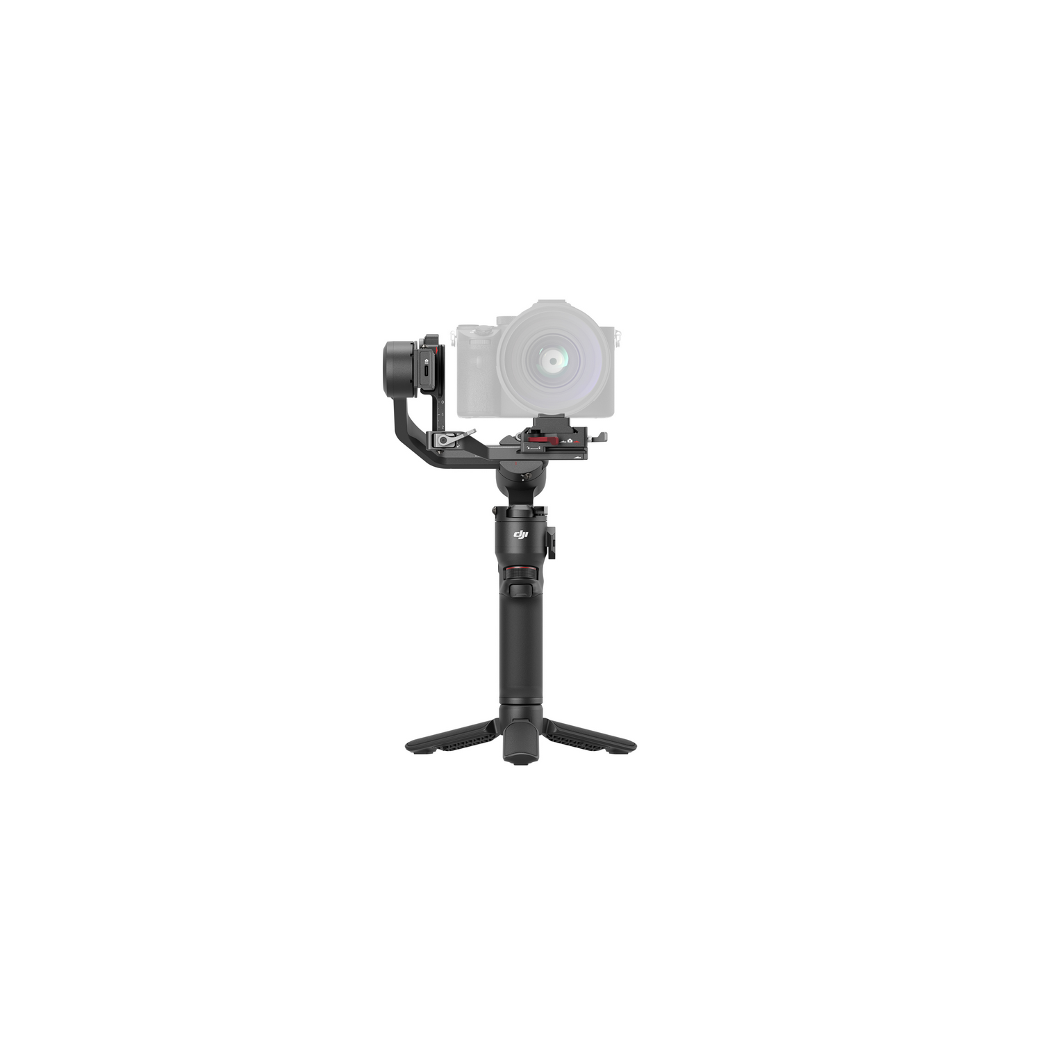 Czarny stabilizator kamery z aparatem na białym tle.