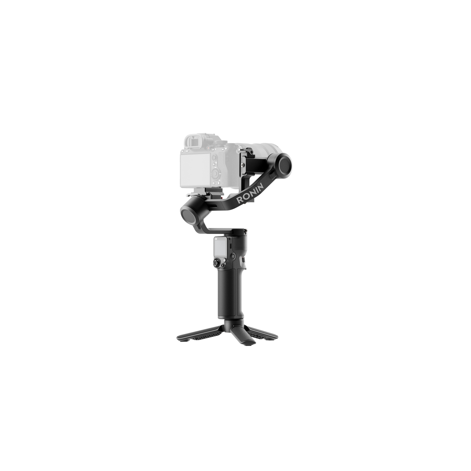 Czarny stabilizator kamery Ronin na statywie. Kamera jest zamontowana na stabilizatorze.