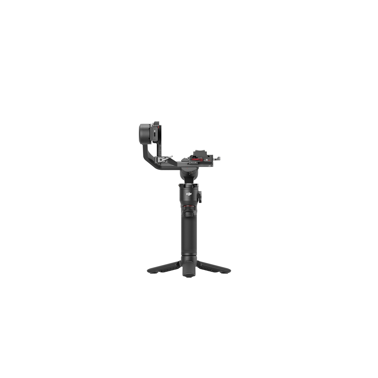 Czarny stabilizator kamery na statywie, białe tło.
