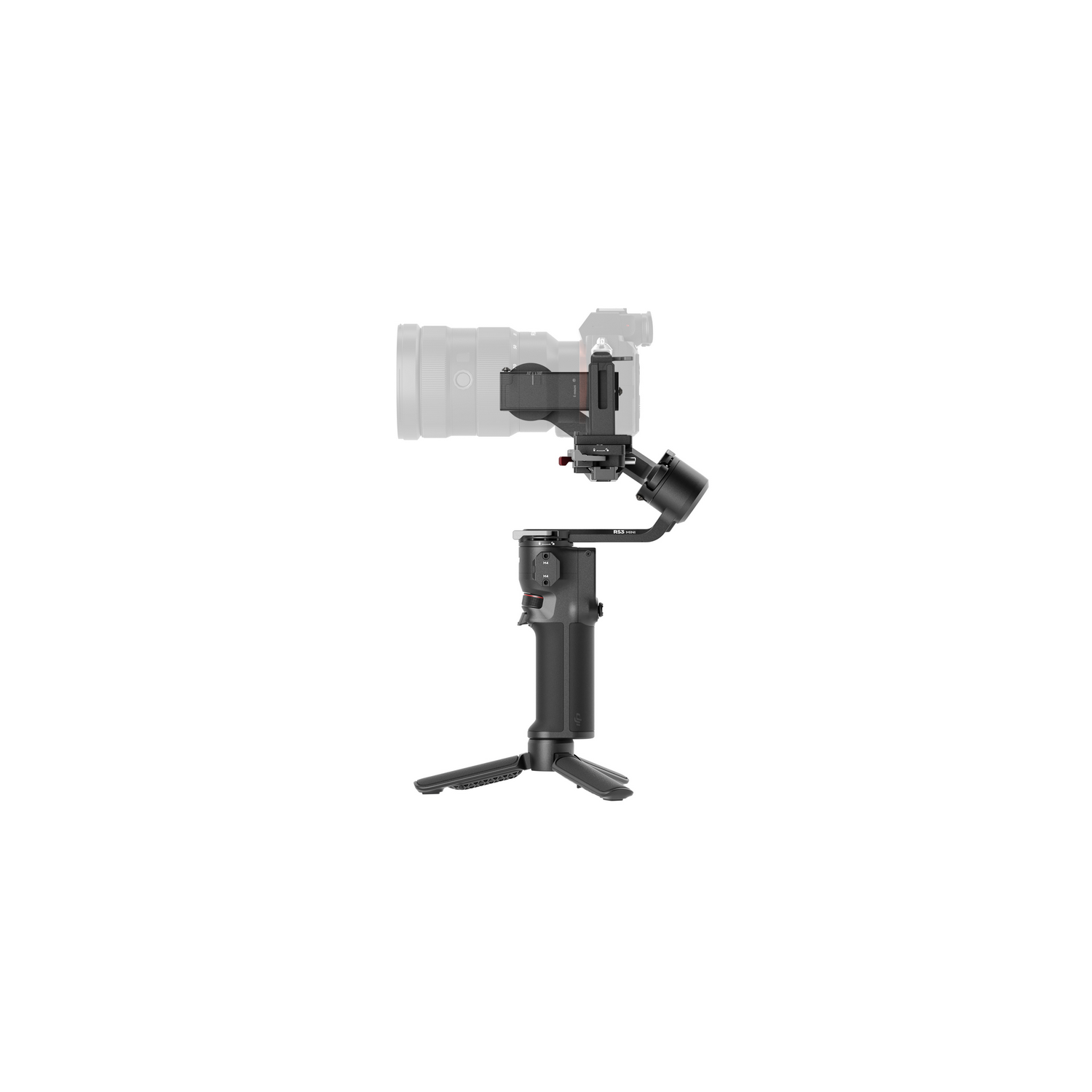 Ustawienia kamery na stabilizatorze gimbal. Kamera niewidoczna. Czarny uchwyt na dole.