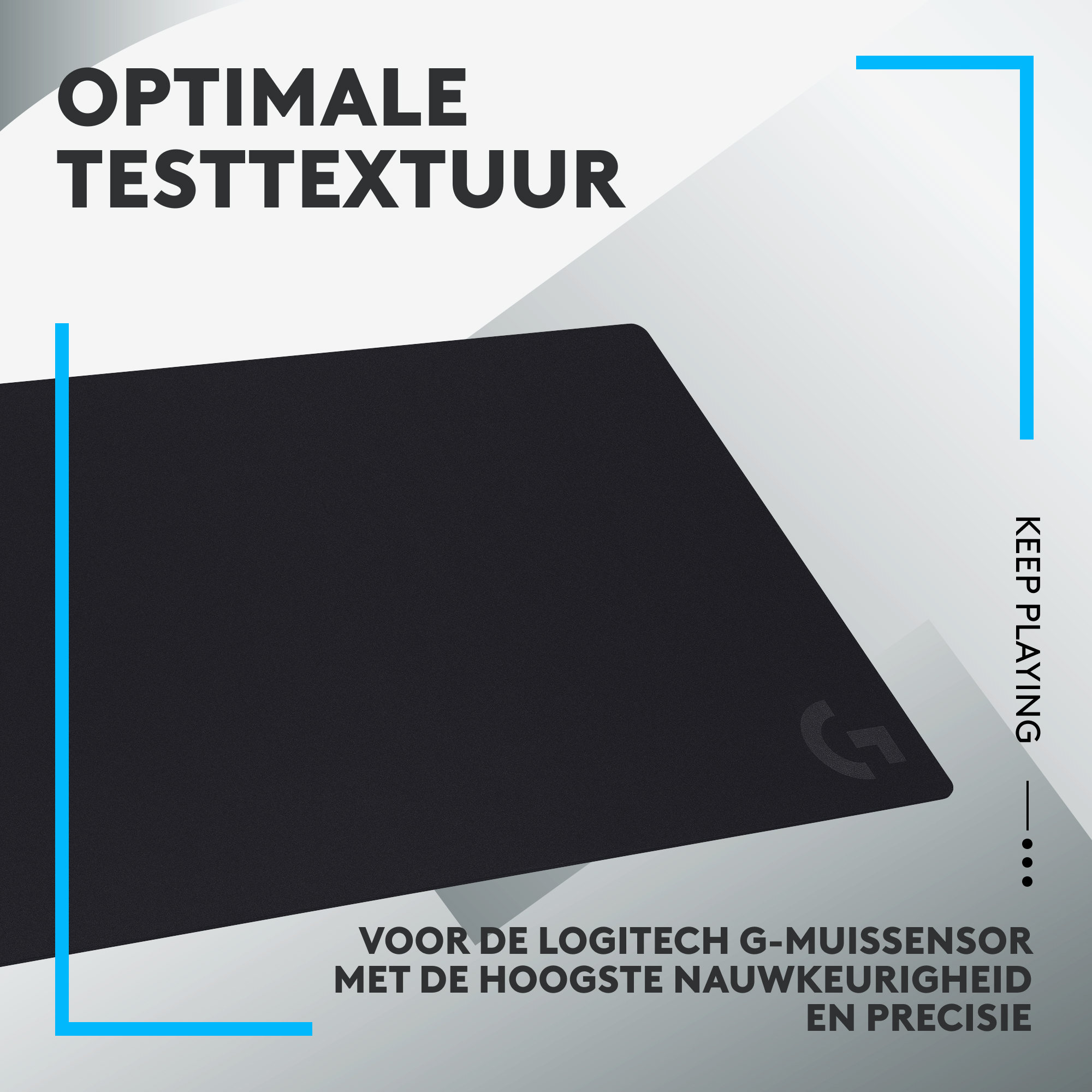 Czarna podkładka pod mysz z nadrukowanym logo. Tekst brzmi 'OPTIMALE TESTTEXTUUR' i 'KEEP PLAYING'.