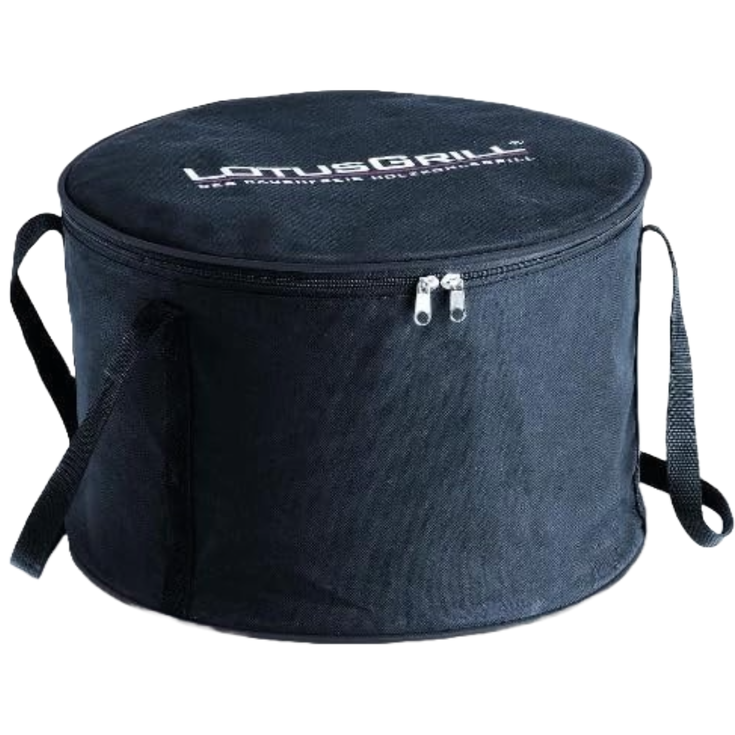 Eine schwarze runde Tasche mit zwei Griffen. Es ist für das Tragen eines Grills konzipiert.