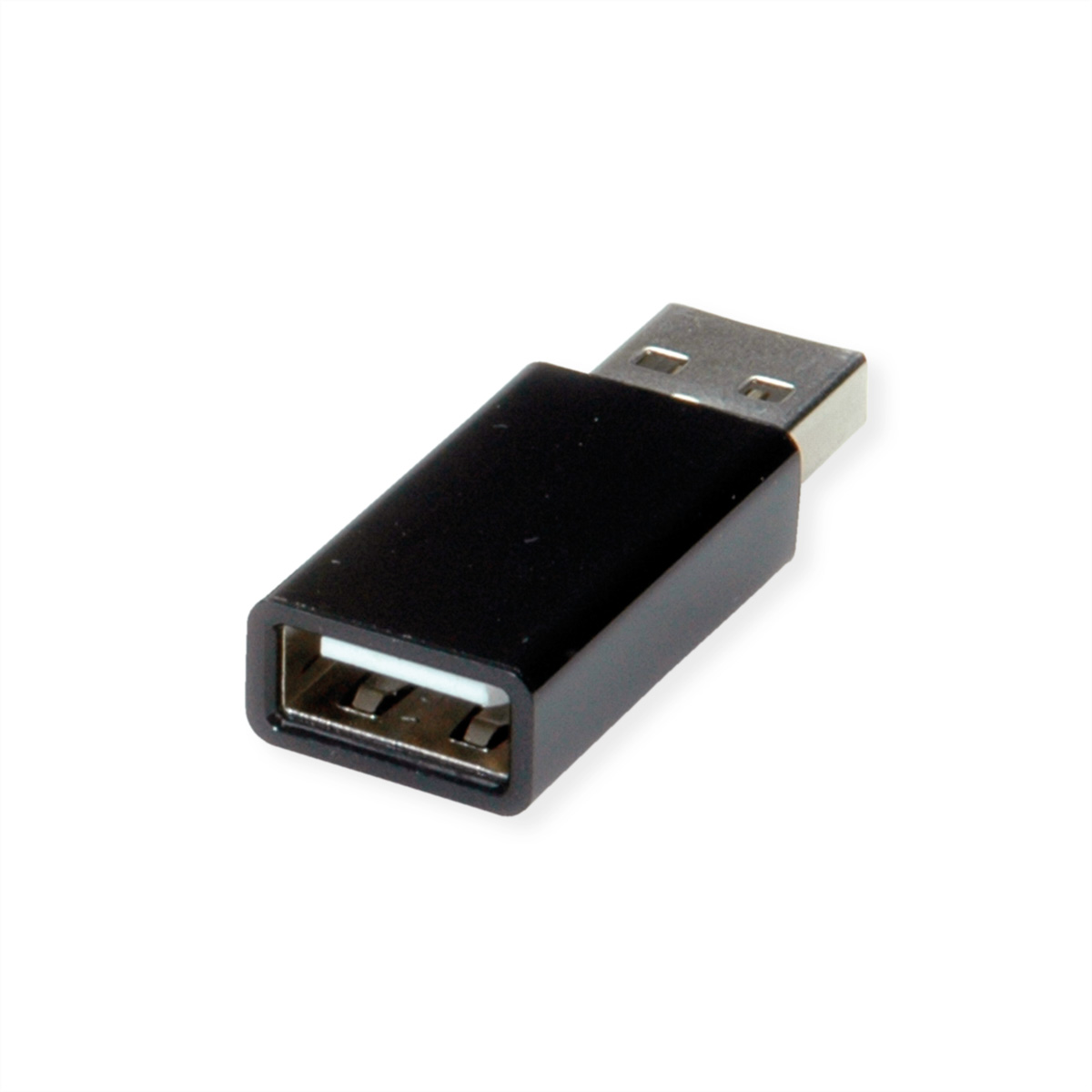 Een zwarte USB-adapter met een mannelijk en vrouwelijk uiteinde. Het ligt op een wit oppervlak.