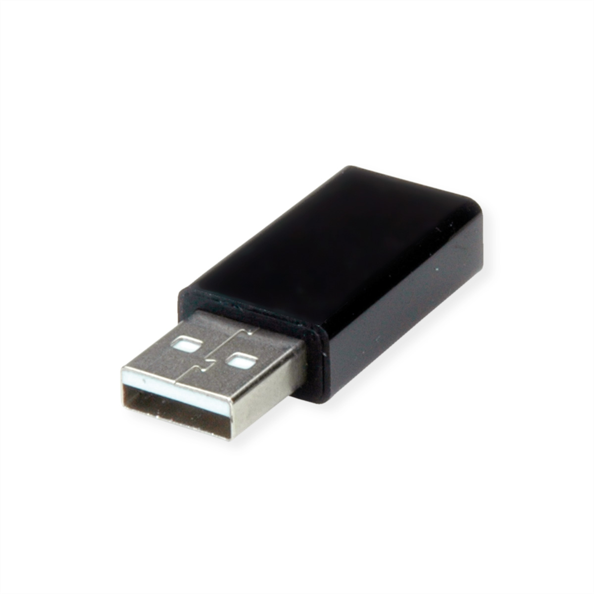 Zwarte USB-stick, rechthoekige vorm. Zilveren connector aan één uiteinde.