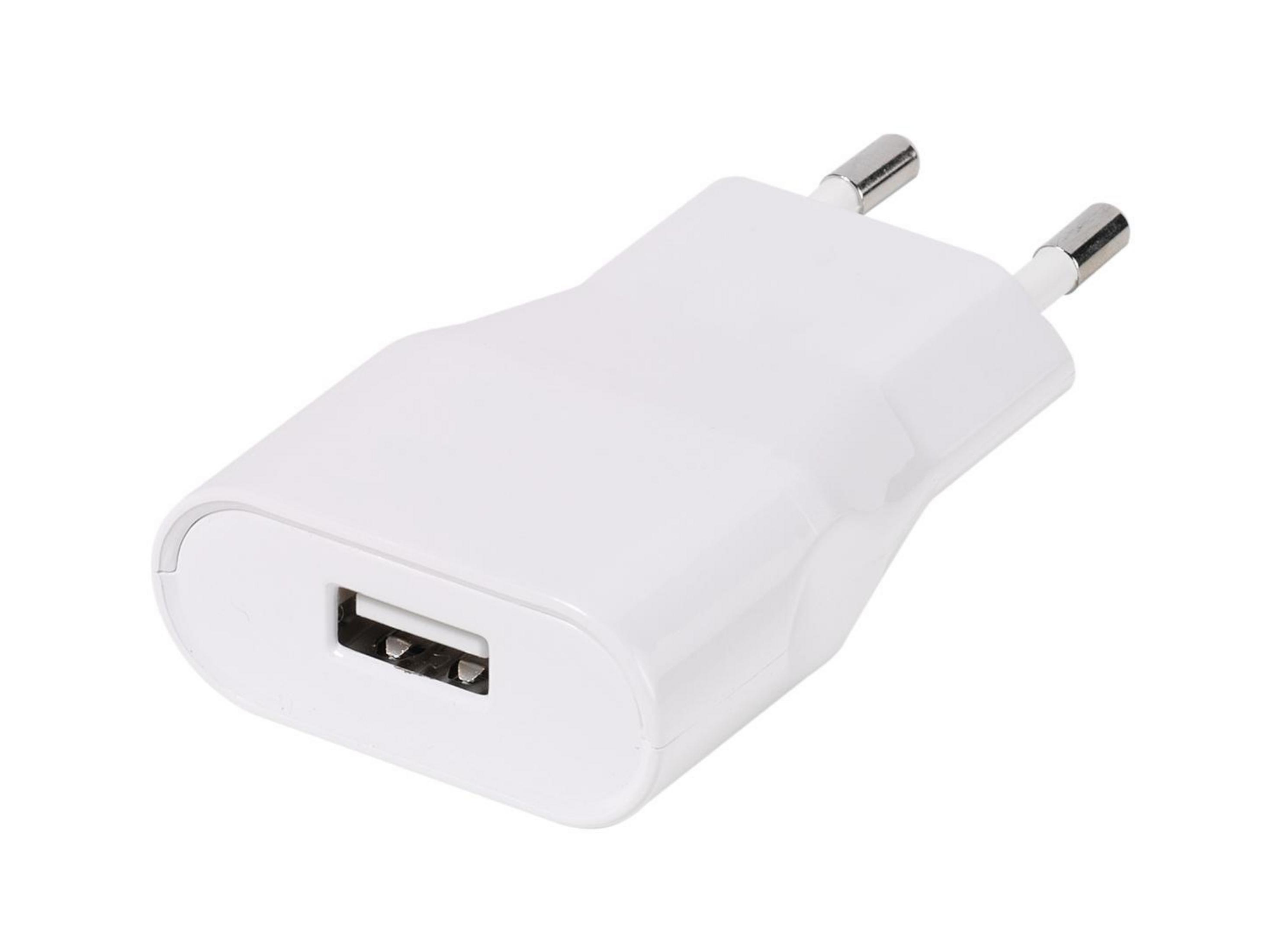 Cargador USB blanco con dos clavijas para enchufes.