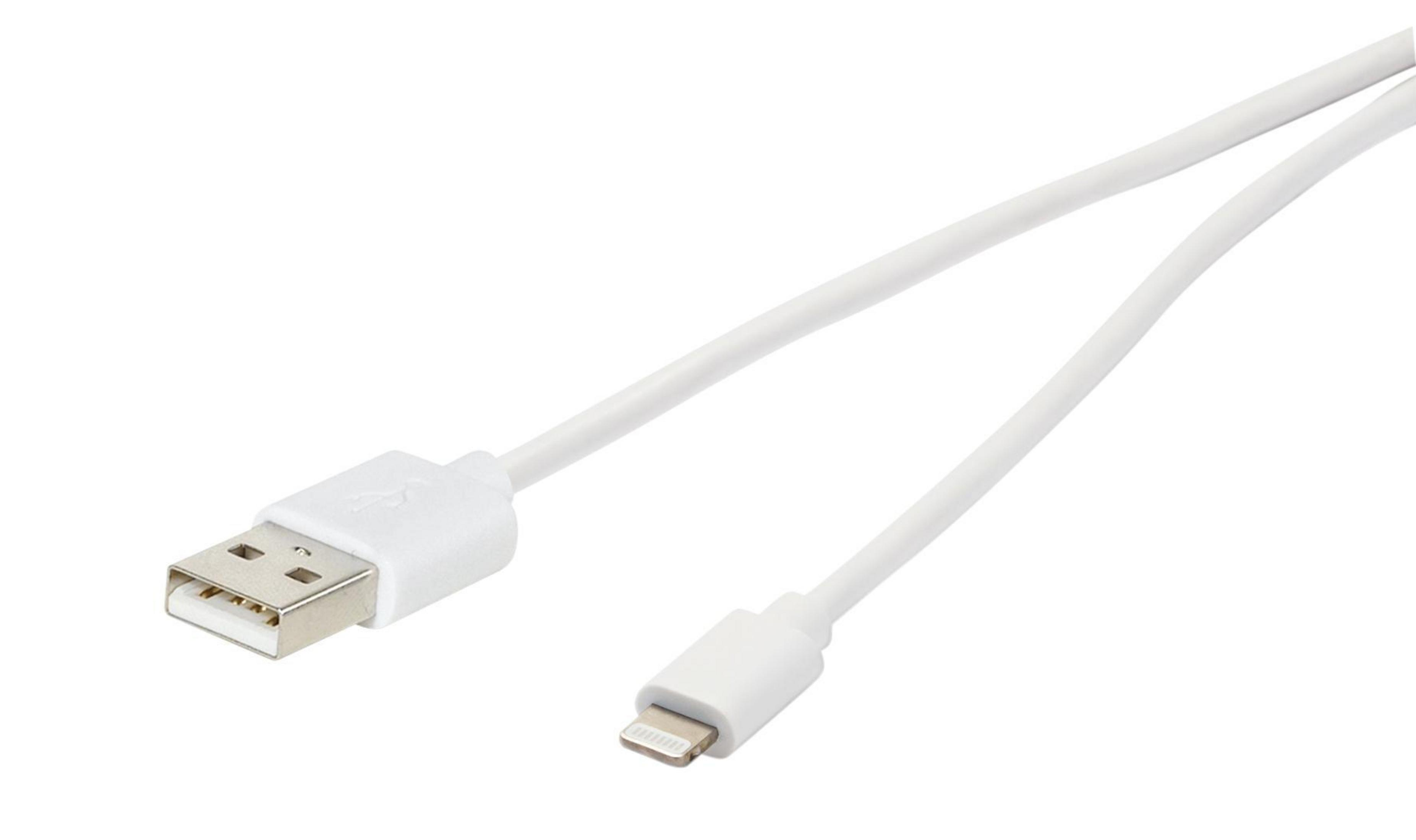 Cable USB a Lightning blanco aislado en blanco. Conector USB a la izquierda, Lightning a la derecha.