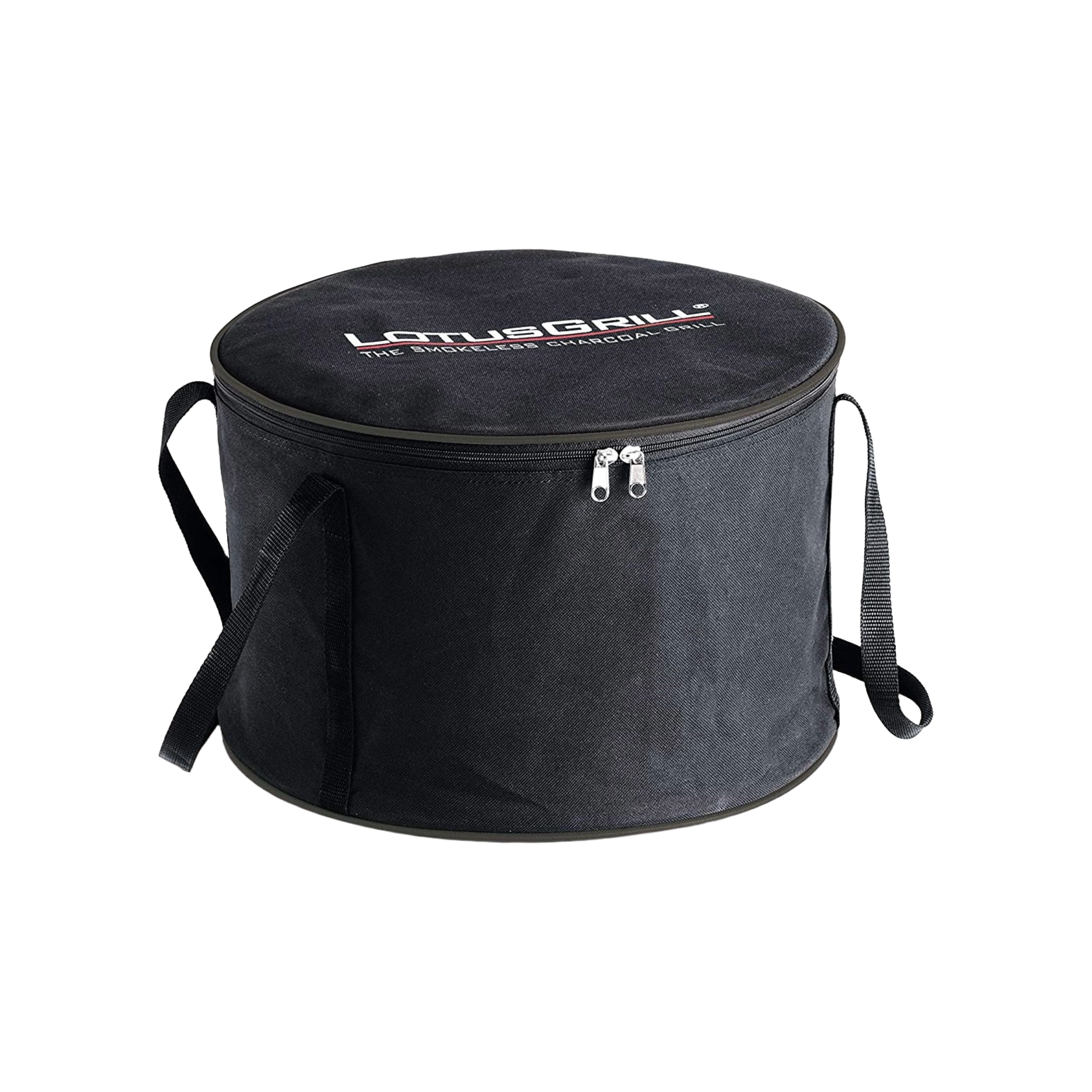 Schwarze runde Tasche mit Griffen, Reißverschluss und der Aufschrift 'LOTUSGRILL' oben.