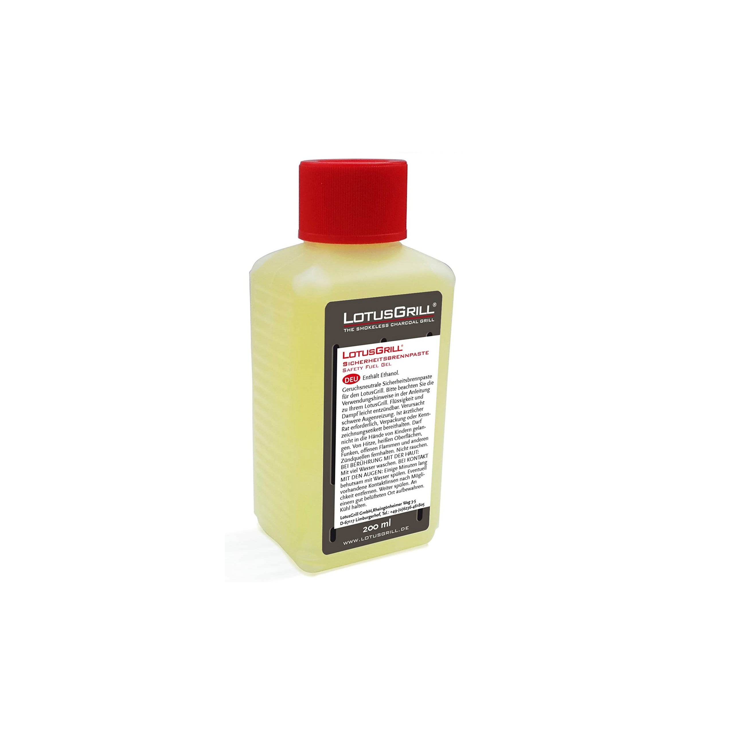 Eine Flasche LotusGrill-Feuerpaste mit rotem Deckel vor weißem Hintergrund.