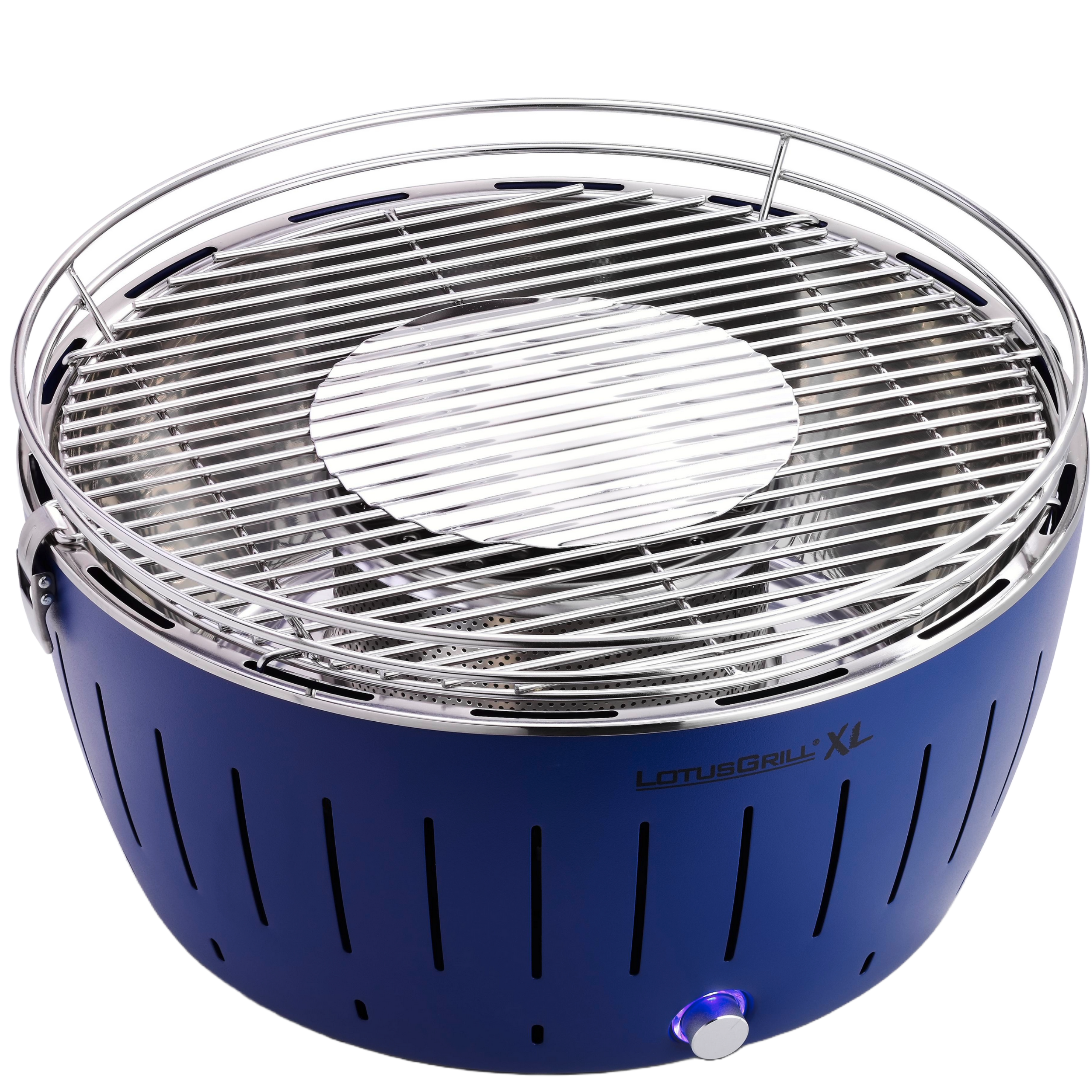 Ein blauer LotusGrill XL-Grill. Er ist rund, mit einem silbernen Grillrost und einem blauen Sockel.