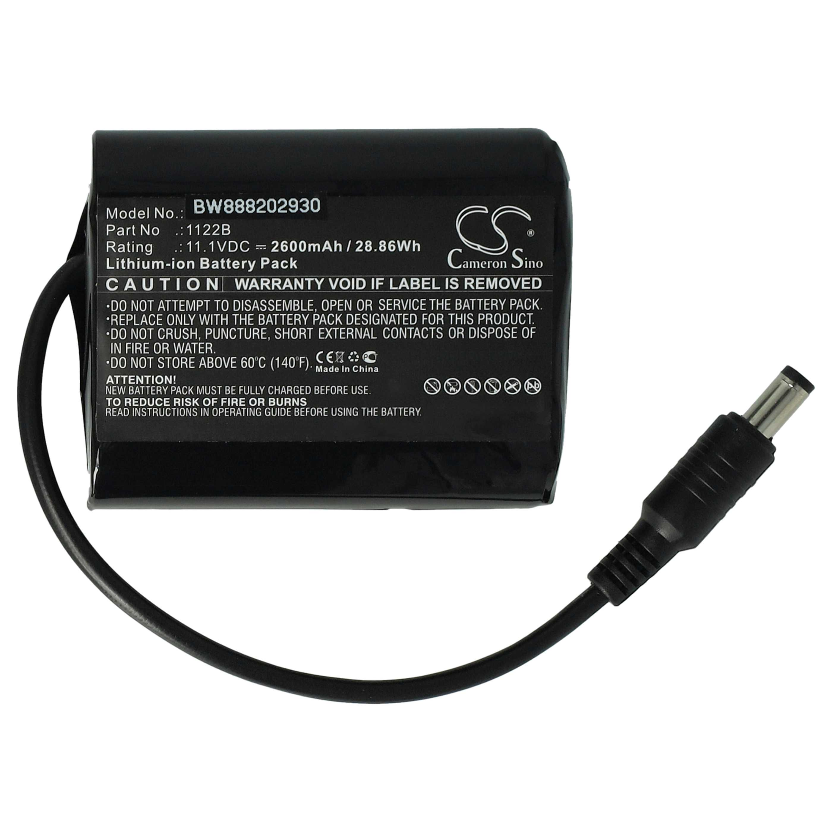 Schwarzer Akku mit Kabel und Stecker. Text auf dem Akku zeigt Spezifikationen und Warnungen.