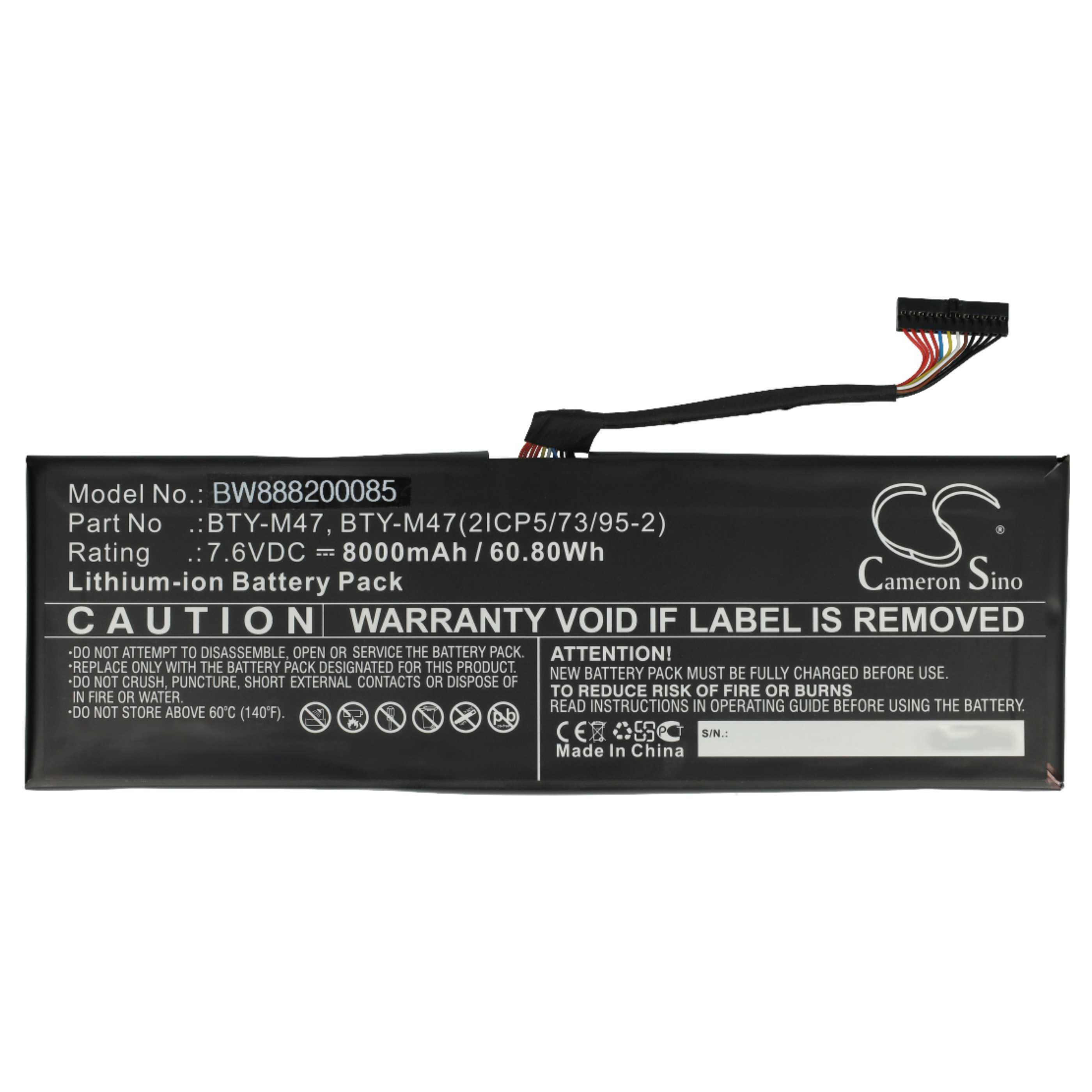 Schwarzer Akku mit Text und Warnhinweisen. Modell: BW88200085. 7,6VDC 8000mAh.