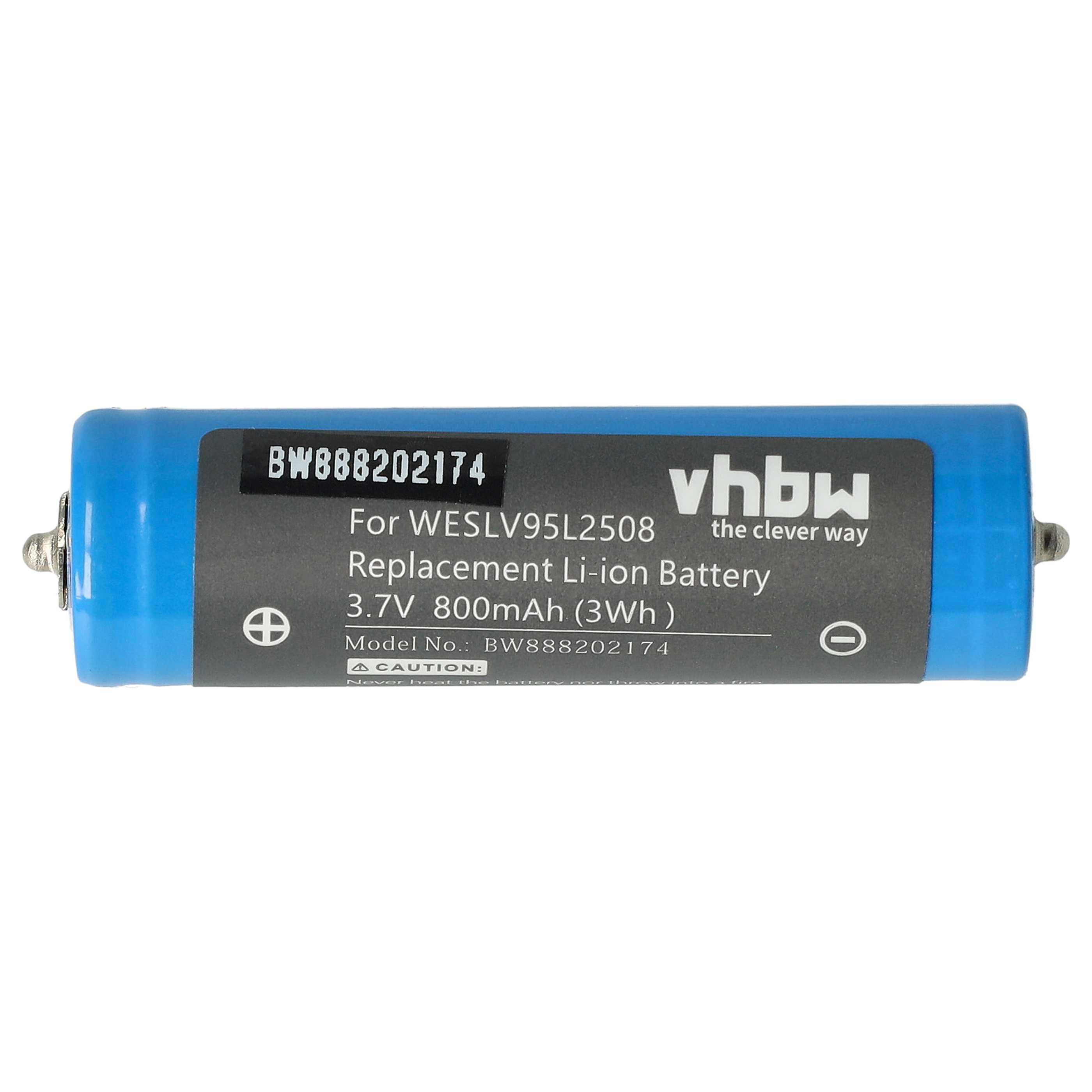 Eine blaue Batterie mit schwarzen Etiketten. Text enthält Batterieangaben, Marke und Warnhinweise.