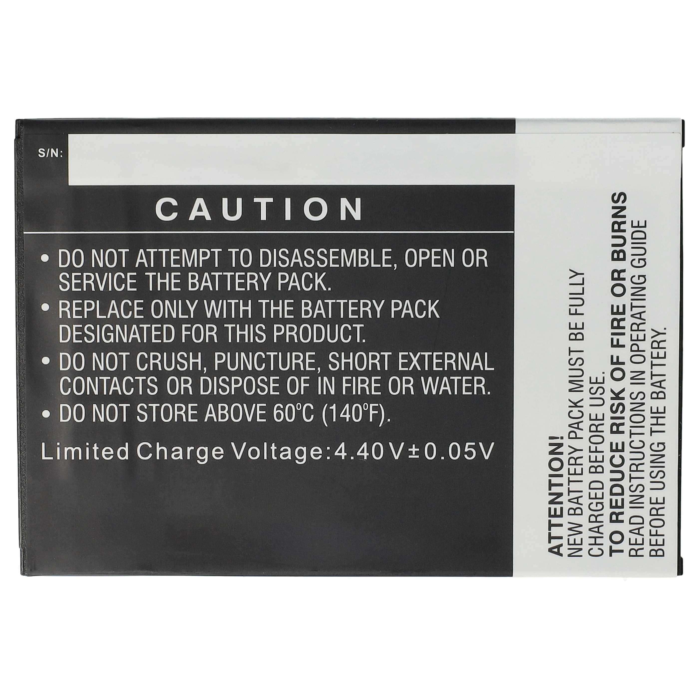Ein schwarz-weißes Batteriewarnetikett mit Text. Es hat ein Warnschild und Sicherheitshinweise.